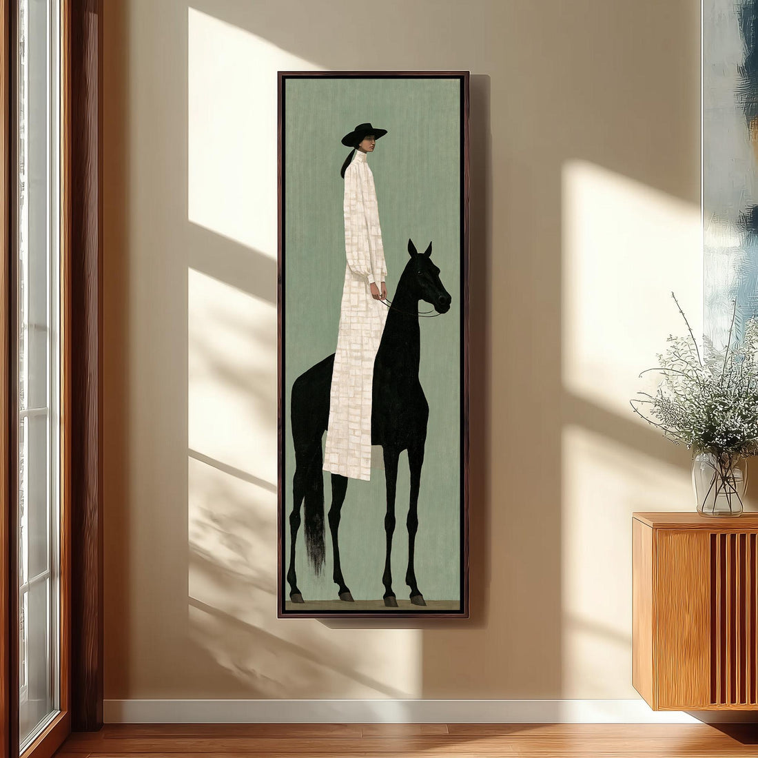 Woman in a long coat beside a black horse long vertical canvas print in a sunlit living space