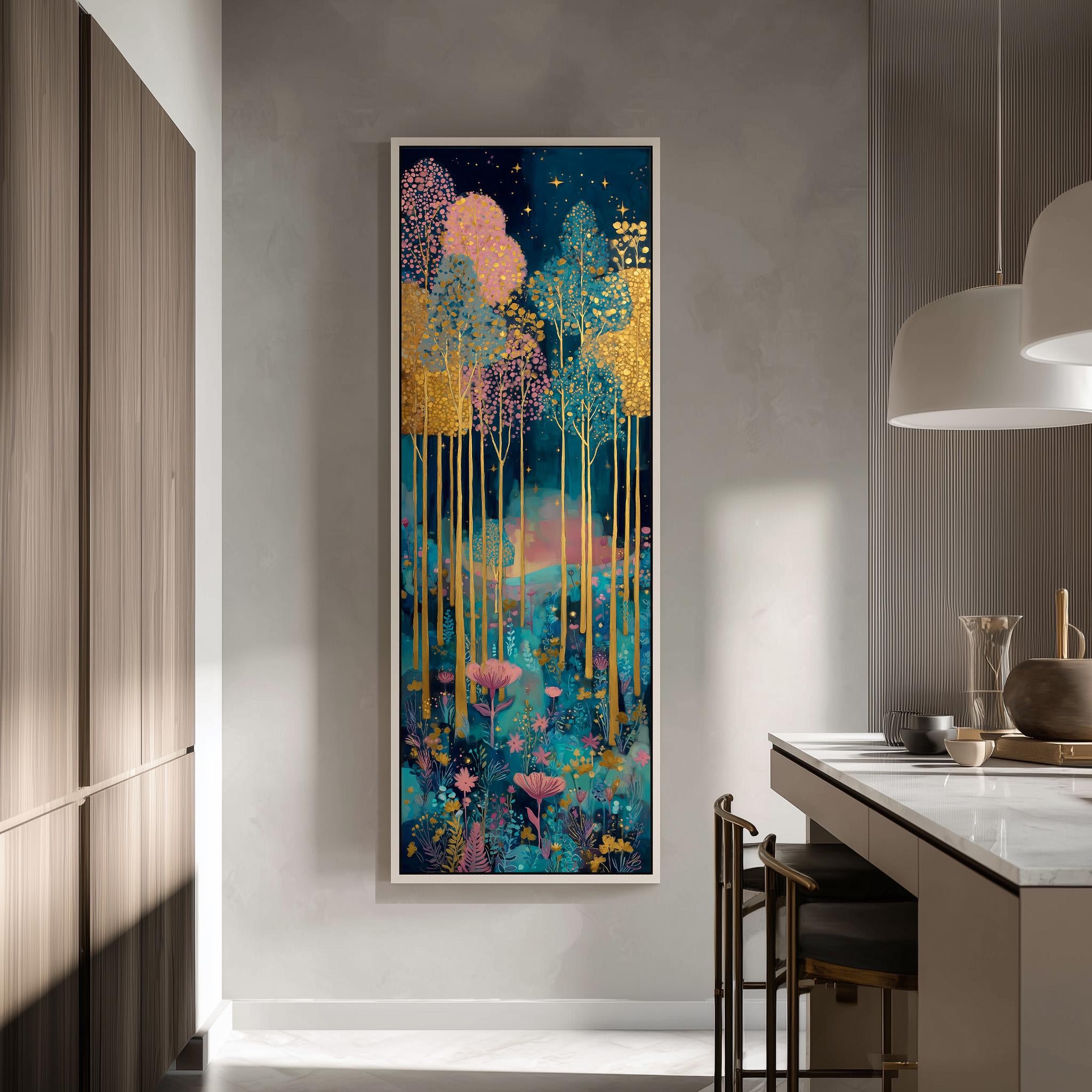 a large, colorful painting of a forest scene hanging on a wall in a modern kitchen.