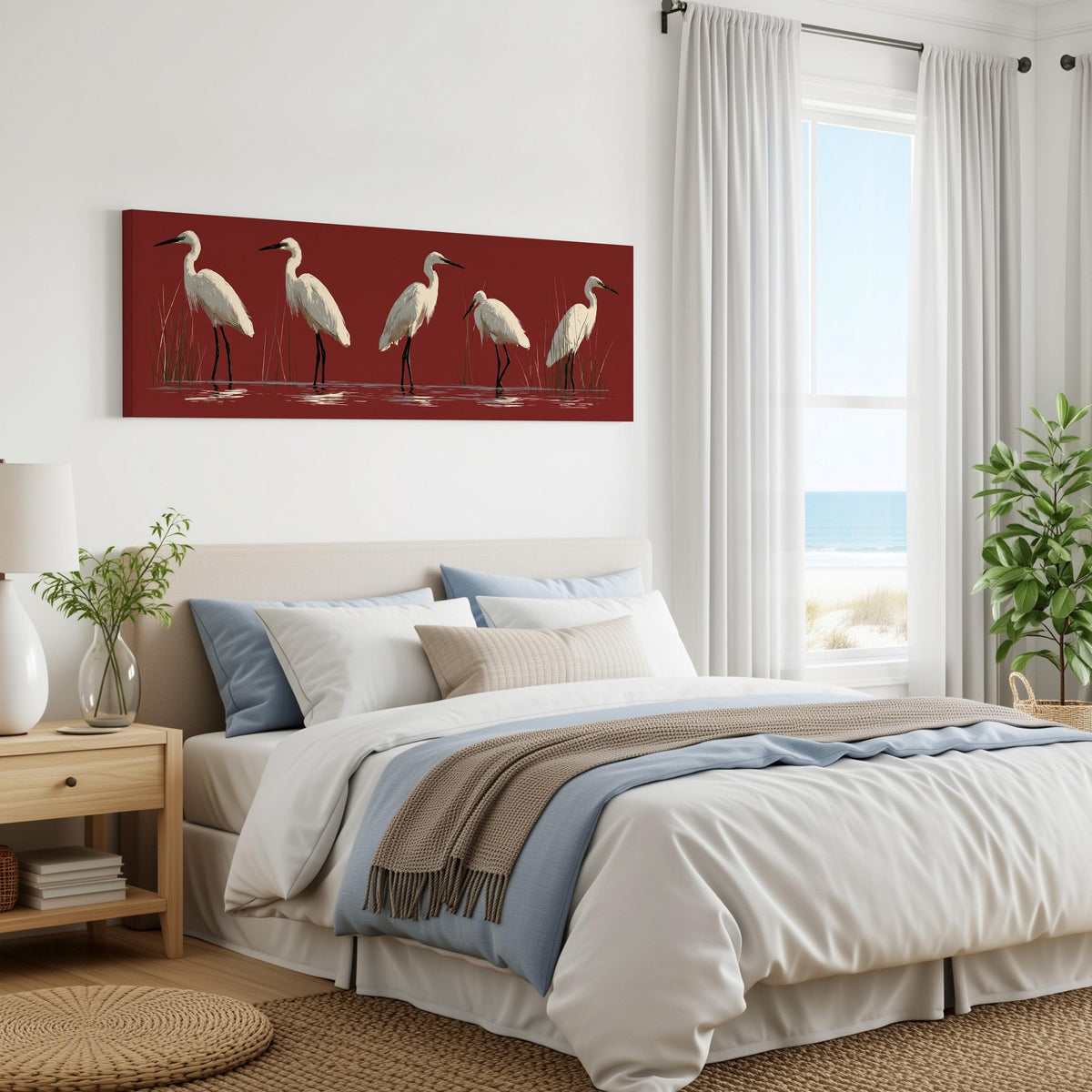 White egrets wading on crimson red panoramic canvas print above a bed in a coastal bedroom