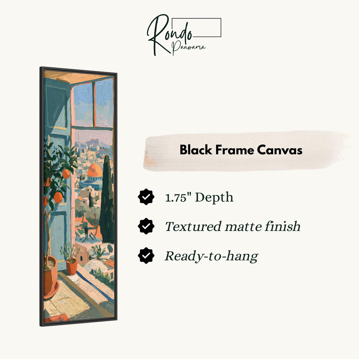 Window view over an old city with an orange tree canvas print in a black floating frame