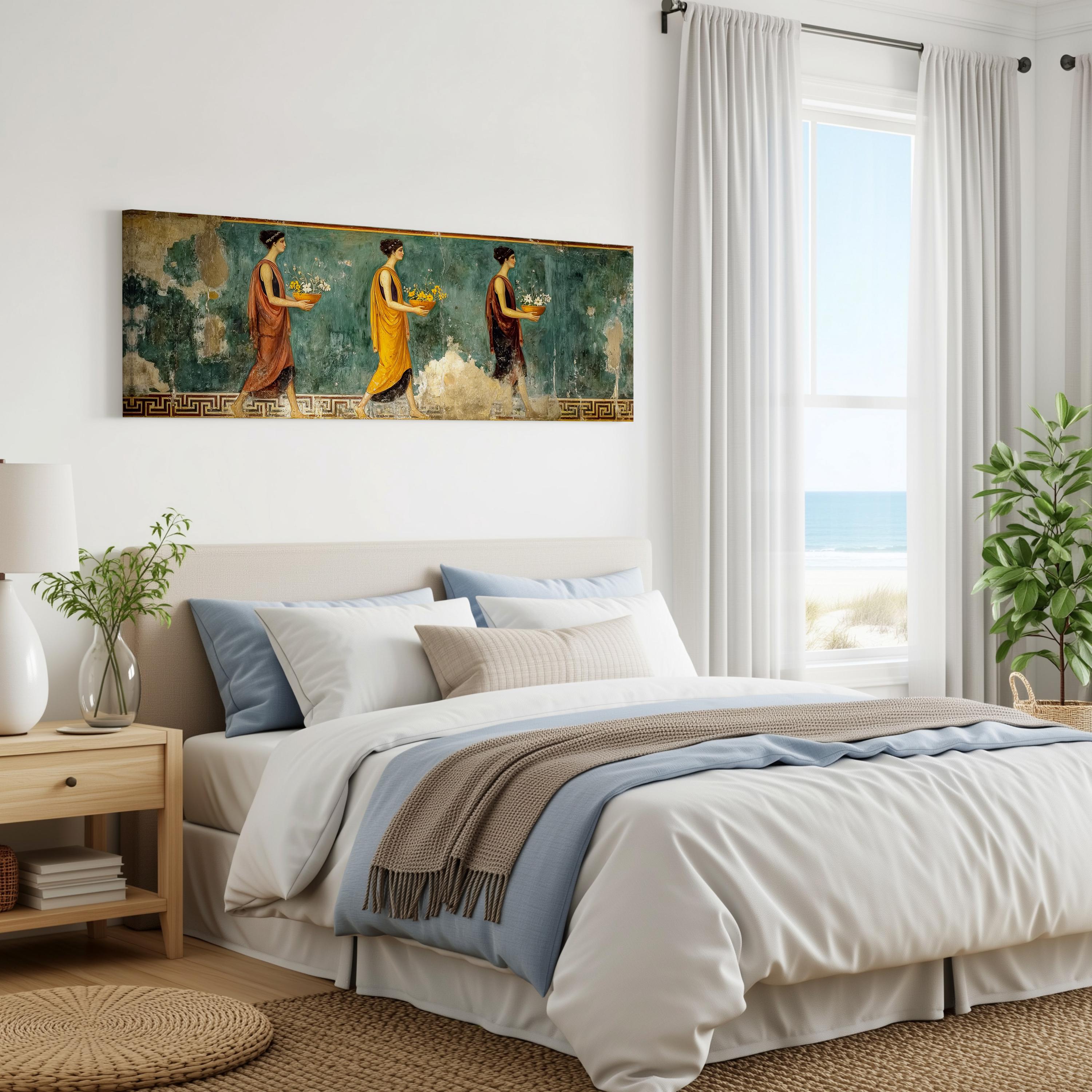a serene bedroom scene with a large bed, a nightstand, and a painting of three women on the wall.