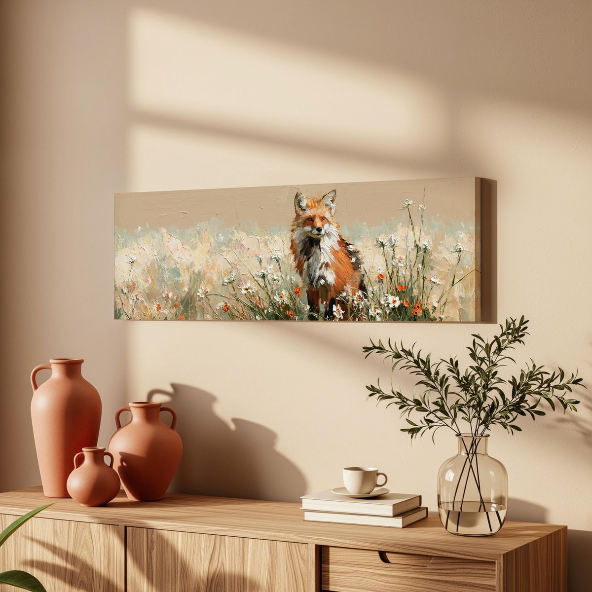 Red fox sitting among white wildflowers long horizontal canvas print above a wooden sideboard