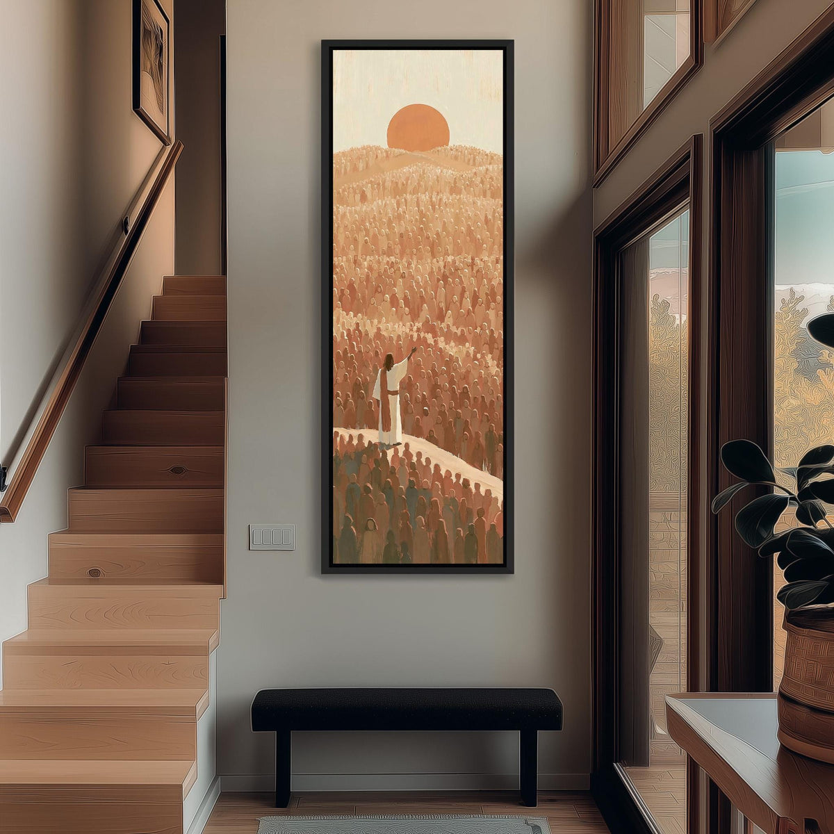 Jesus facing a crowd under a desert sunset tall narrow canvas print beside a staircase in an entryway
