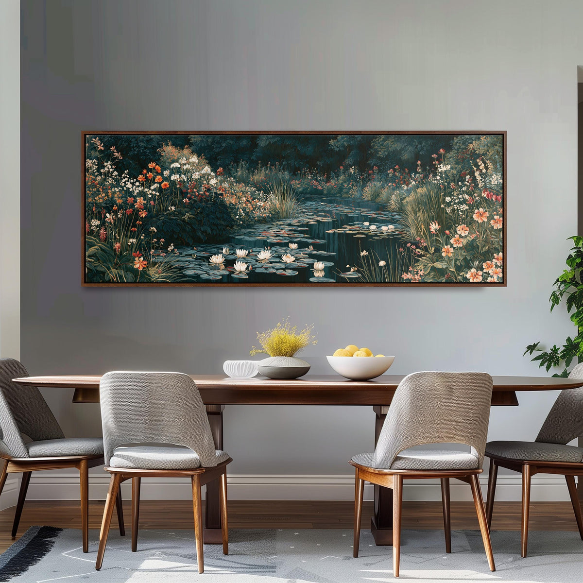 Lily pond surrounded by wildflowers long horizontal canvas print above a dining table
