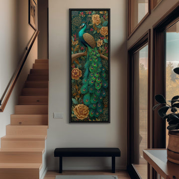 a large, colorful painting of a peacock perched on a branch, with its vibrant green, blue, and orange feathers. The painting is displayed on the wall above a wooden bench, creating a striking focal point in the room.