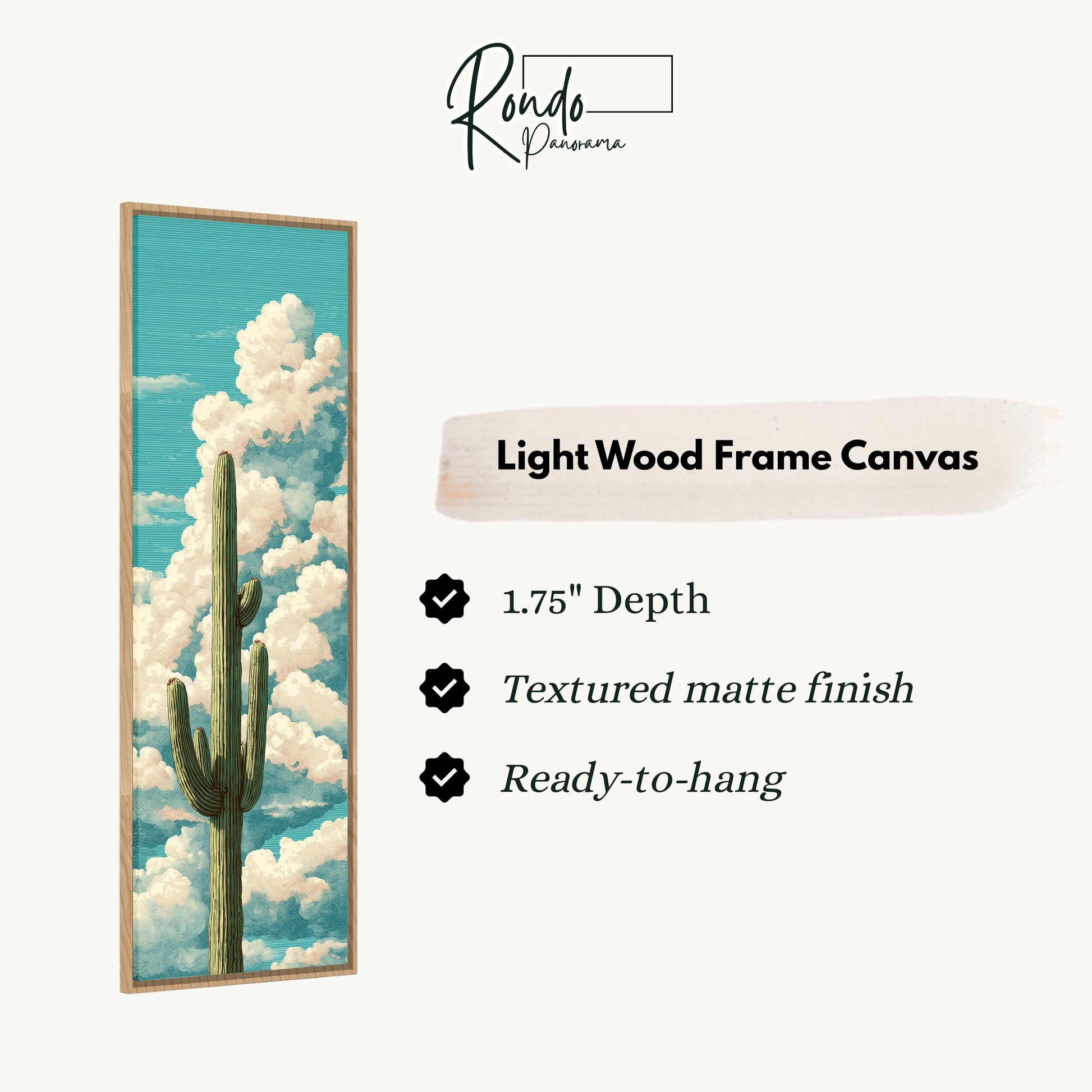 The image is a light wood frame canvas depicting a cactus in a blue sky with white clouds.