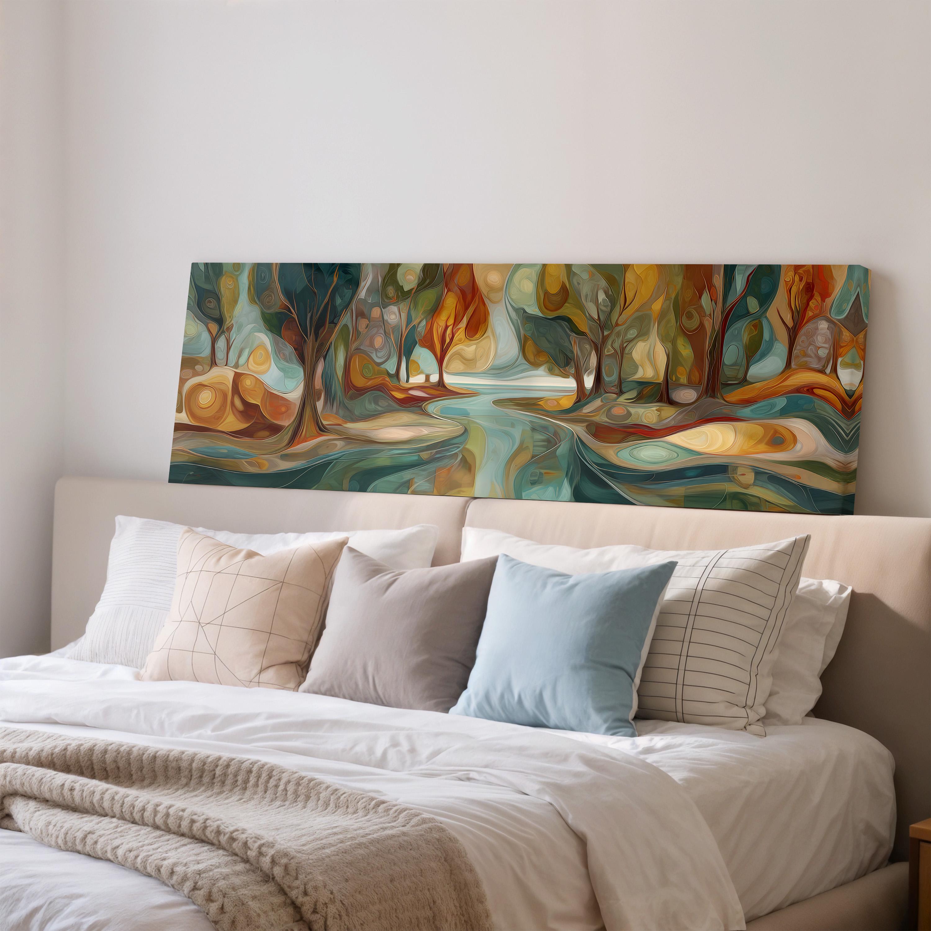 a large, colorful painting of a forest scene hanging on a wall above a bed with white bedding and pillows.