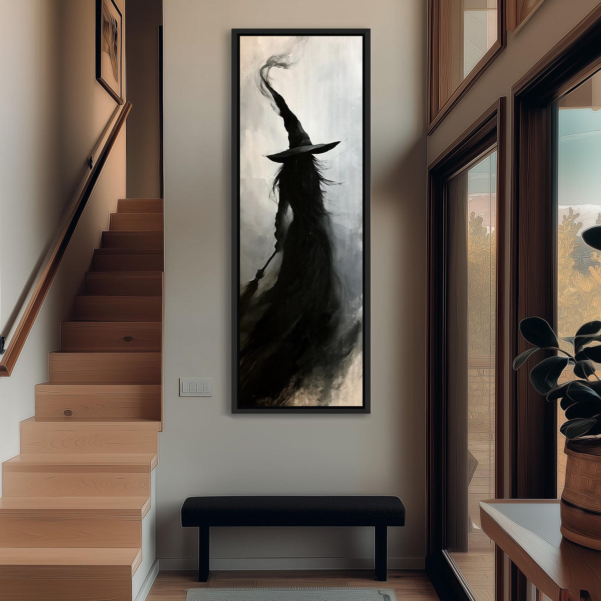 Witch silhouette with a tall hat in smoke tall narrow canvas print beside a staircase in an entryway