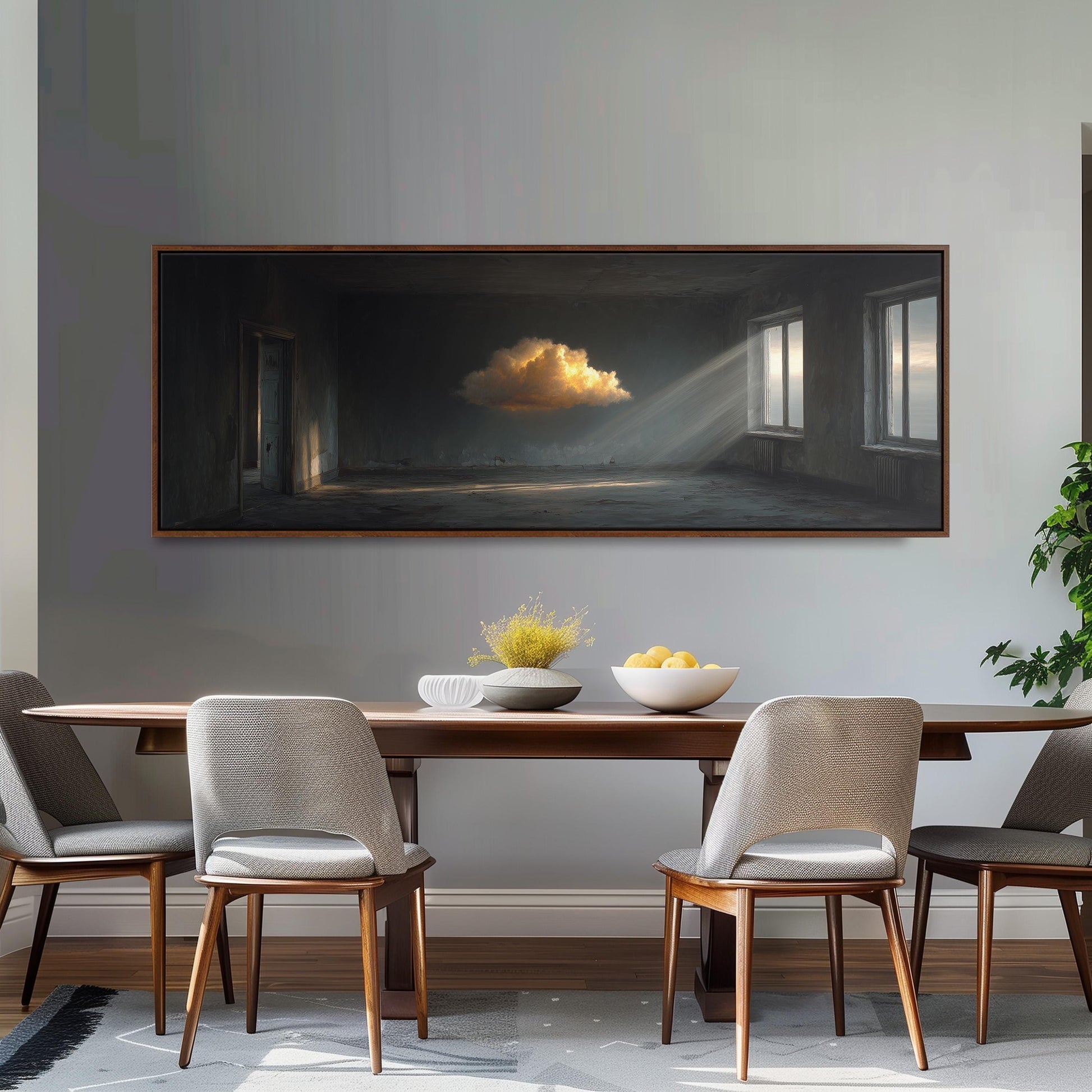 a dining room with a large painting of a cloudy sky hanging on the wall above a wooden dining table with four chairs. The painting depicts a cloud floating in the sky, with sunlight shining through the clouds, creating a warm and inviting atmosphere.