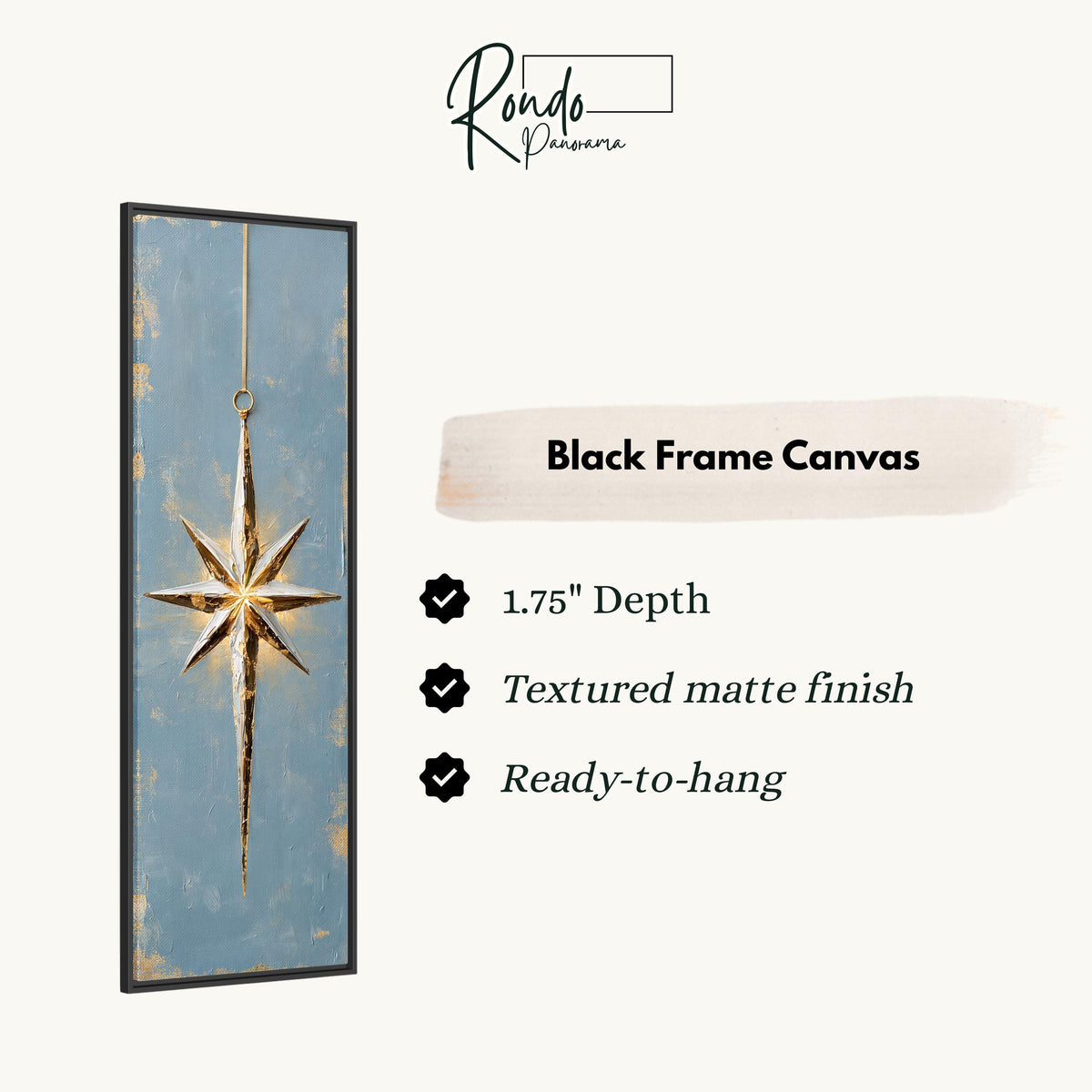 Gold and silver star ornament on blue canvas print in a black floating frame