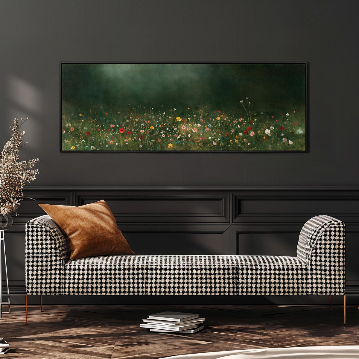 Wildflower meadow at the edge of a dark forest wide panoramic canvas print above a bench in a dark living room