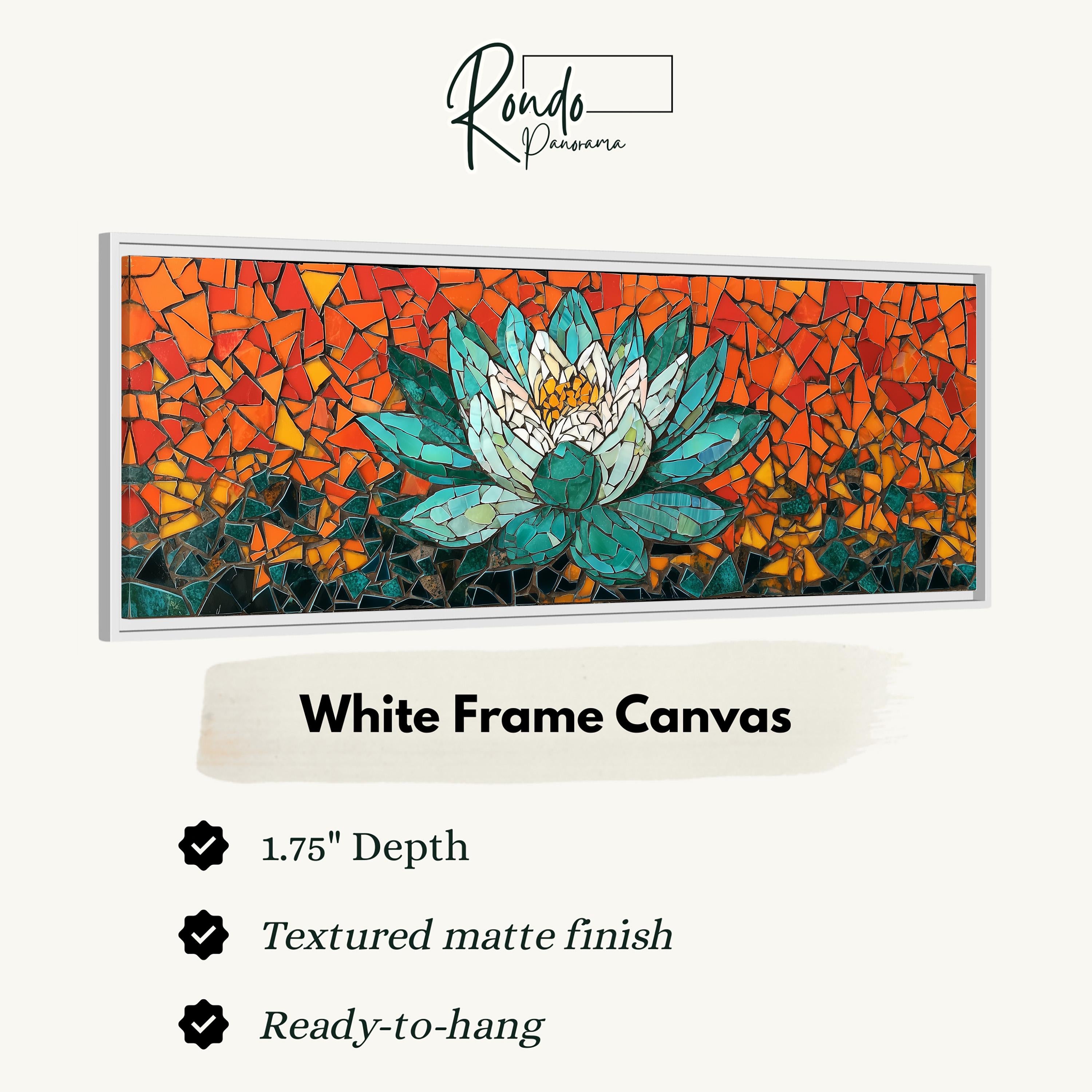 The image is a framed artwork depicting a vibrant mosaic design with a large white flower in the center. The frame is described as having a 1.75" depth, a textured matte finish, and is ready to hang.