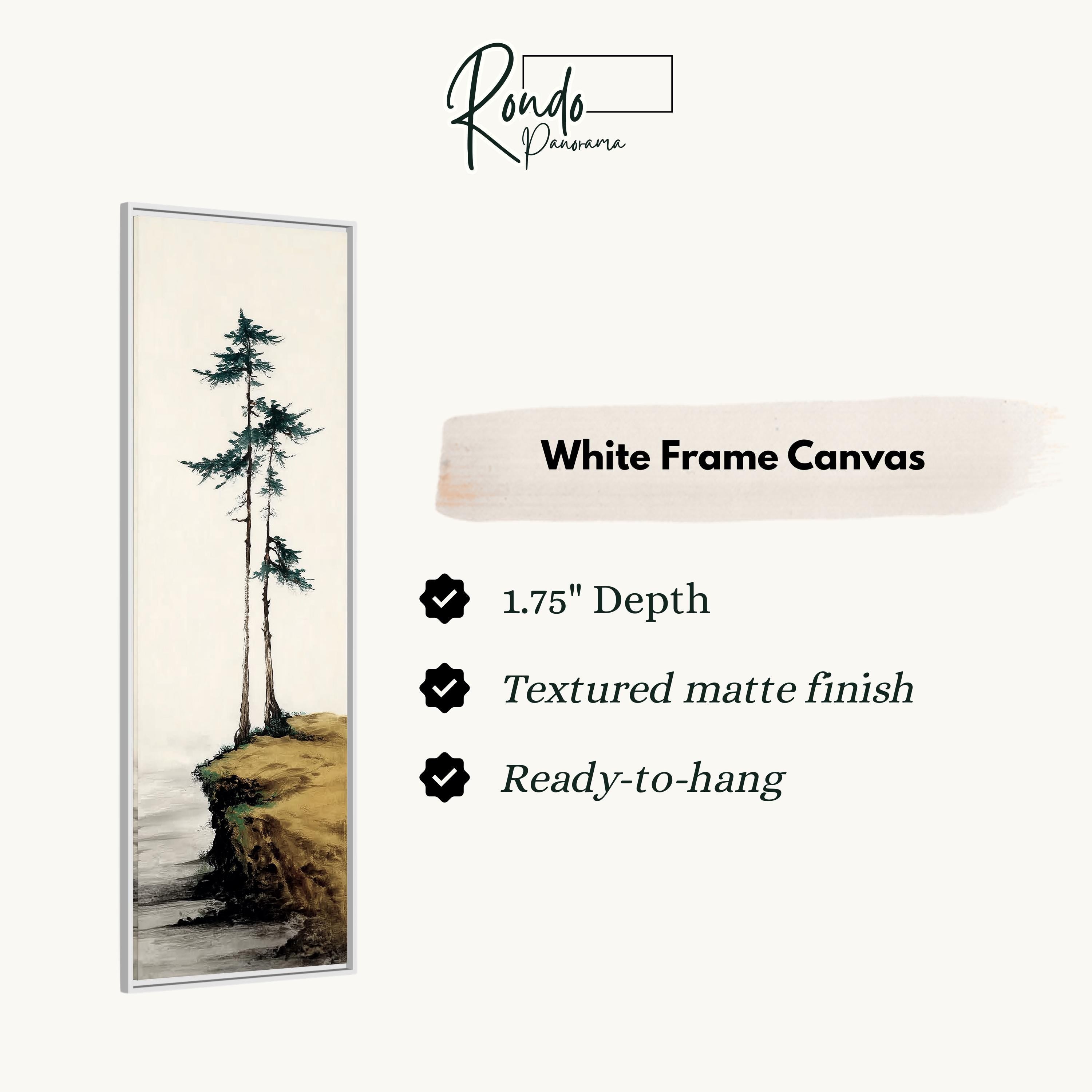 The image is a white frame canvas depicting a serene landscape with a cliff and trees.