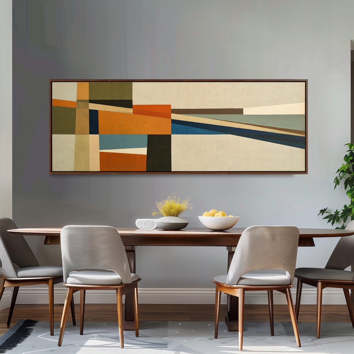 Olive and rust geometric blocks long horizontal canvas print above a dining table