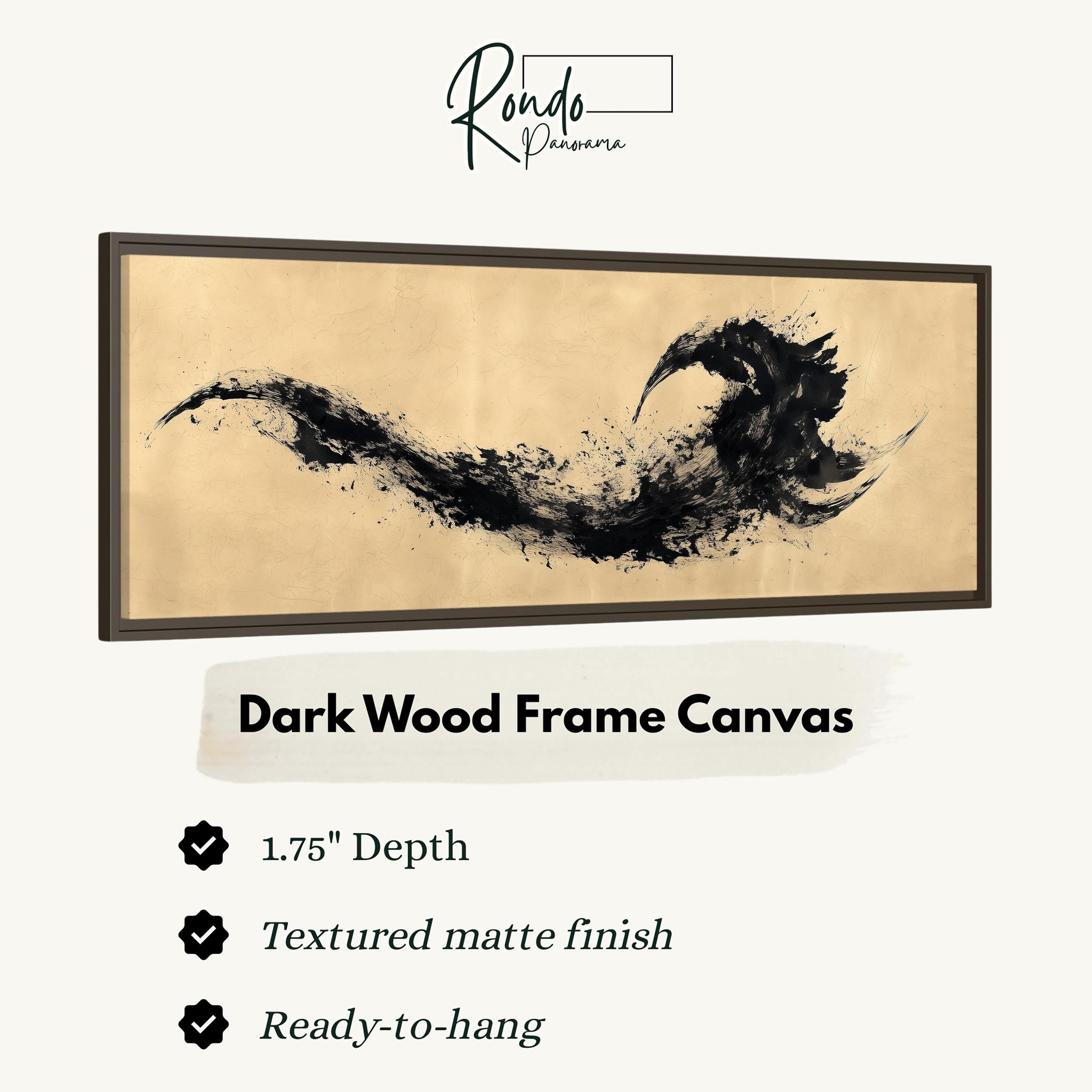 The image is a product advertisement for a dark wood frame canvas. It features a close-up of a black and white abstract artwork with a textured finish. The advertisement highlights the canvas's features, including its 1.75" depth, textured matte finish, and the ability to hang it easily.