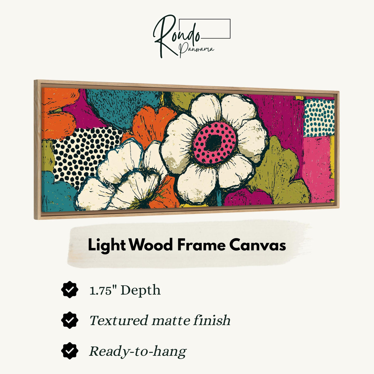 Bold pop blossoms canvas print in a light wood floating frame