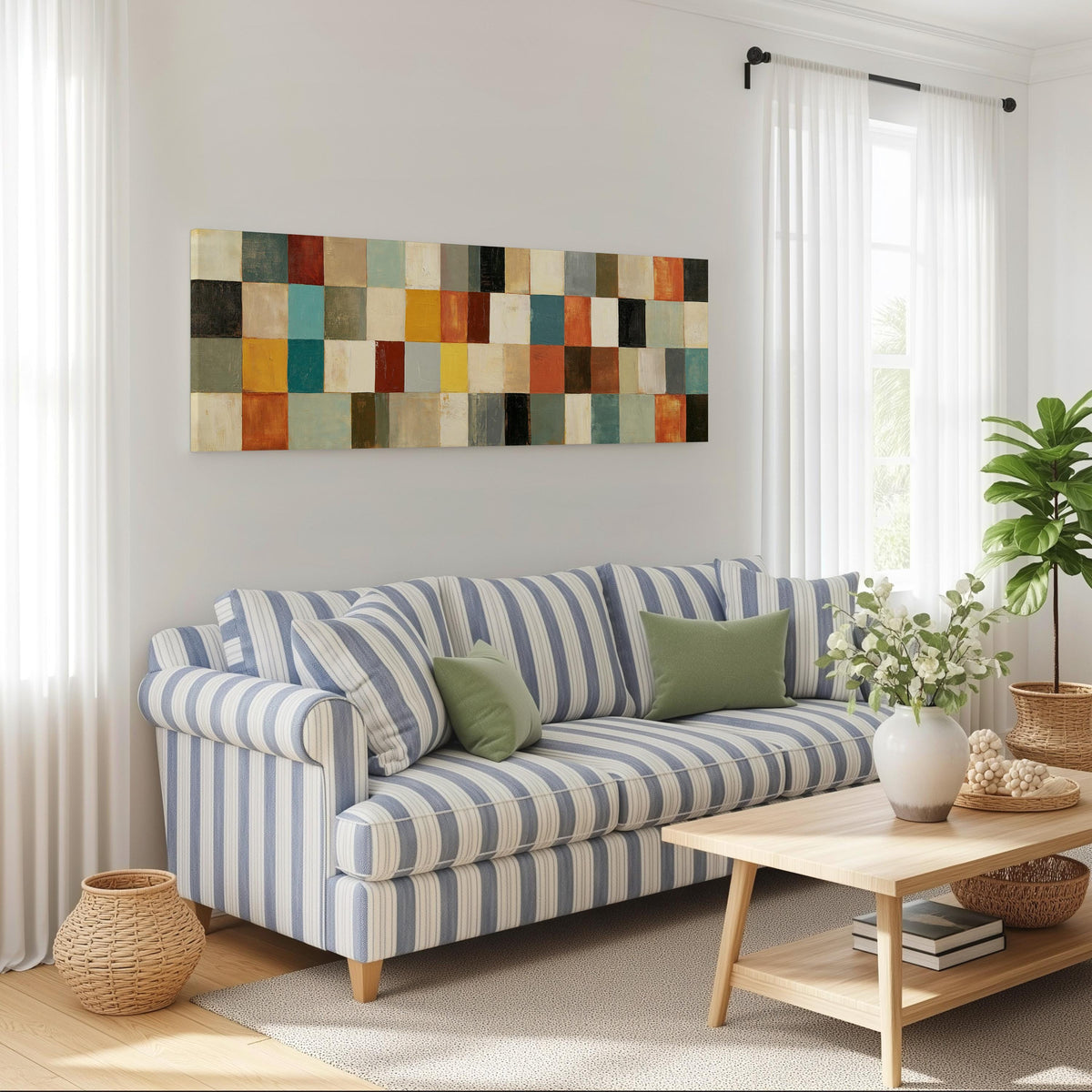 Colorful checkerboard mosaic grid long horizontal canvas print above a striped sofa in a coastal living room