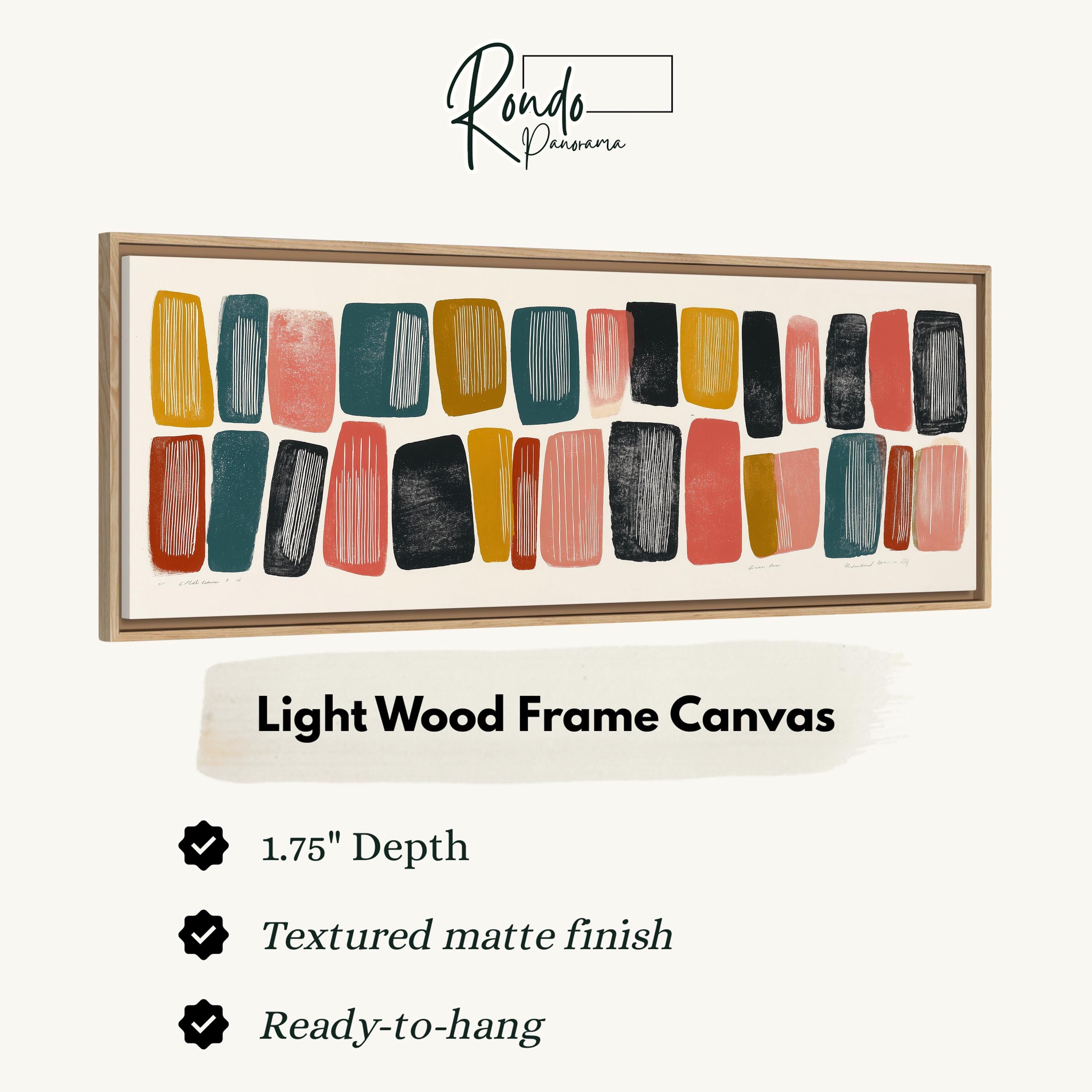 a light wood frame canvas with a variety of abstract shapes and colors, including shades of green, orange, pink, and black. The frame has a 1.75" depth and is described as a textured matte finish, ready-to-hang.