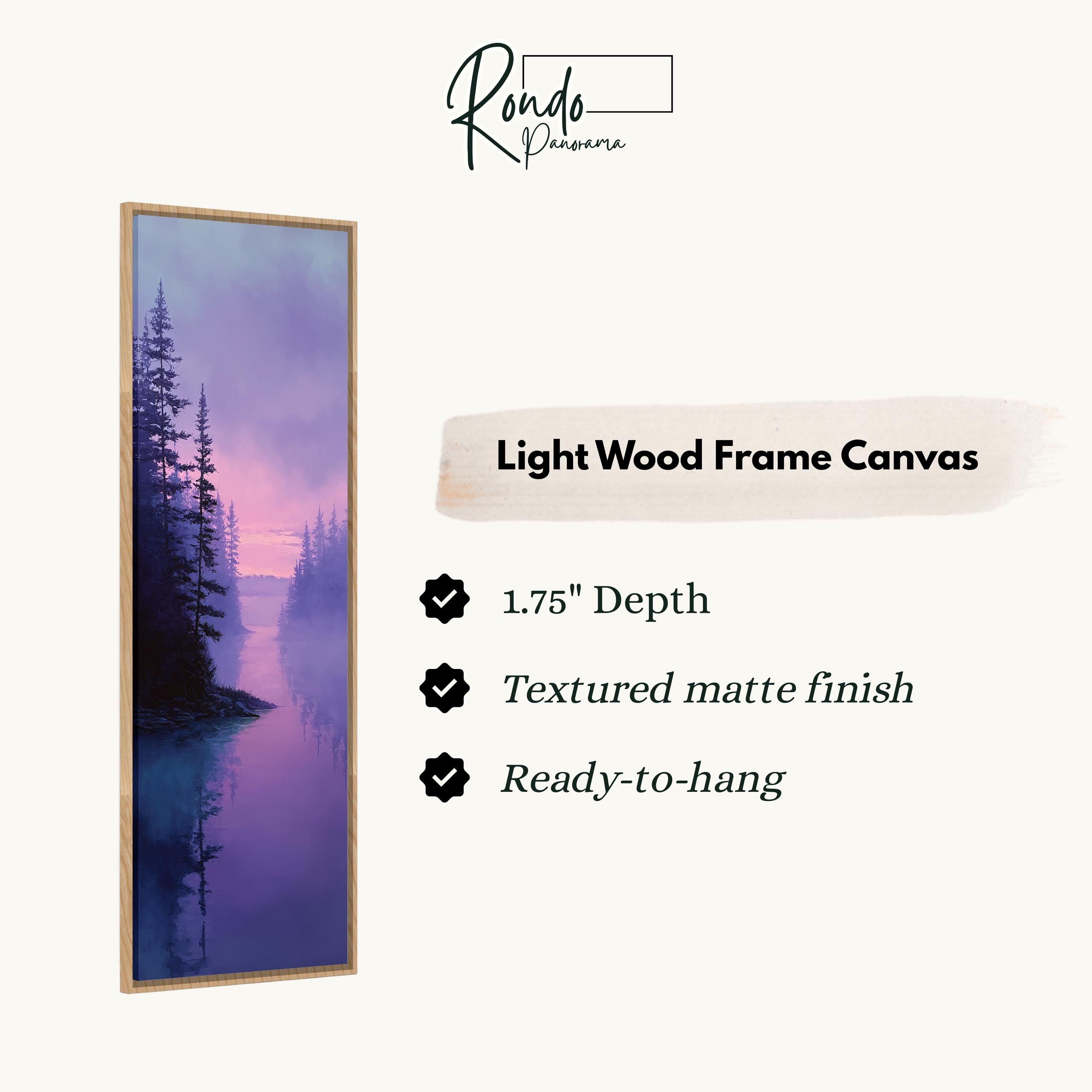 The image is a vertical wooden frame canvas depicting a serene landscape with a forest and a body of water.