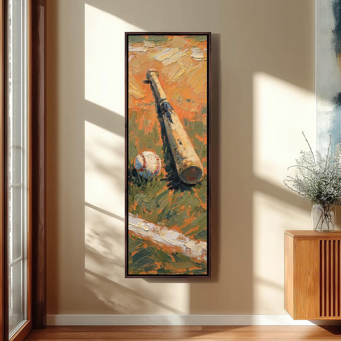 Vintage bat and baseball in the grass long vertical canvas print in a sunlit living space