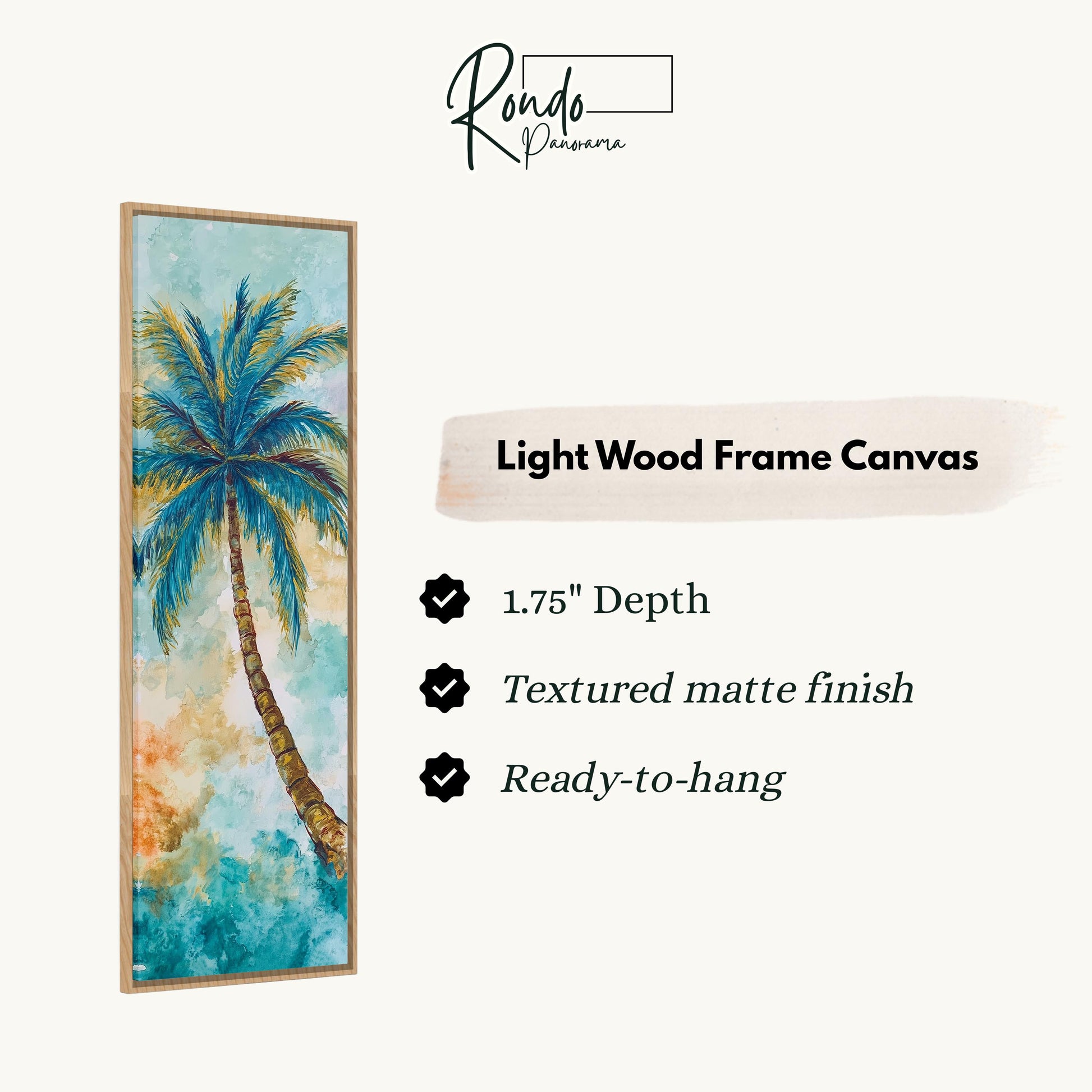 The image is a light wood frame canvas depicting a palm tree with a textured finish.