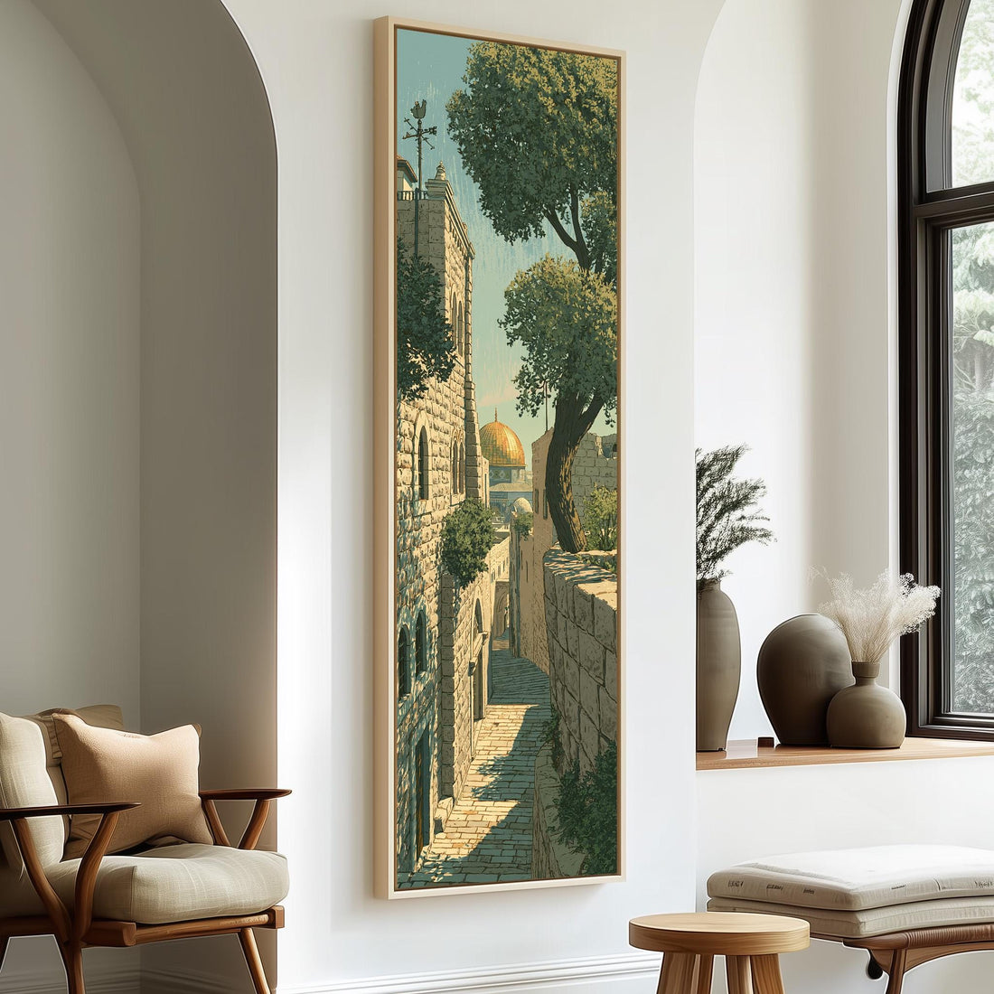 Stone alley leading to the golden dome long vertical canvas print in a sunlit living space