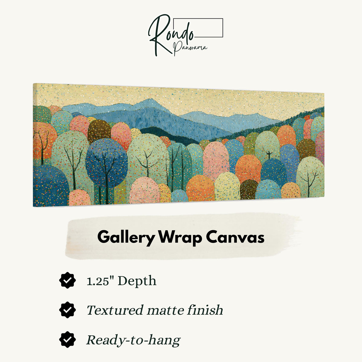 Pastel dotted forest below blue mountains gallery wrap canvas with the image wrapped around the edges