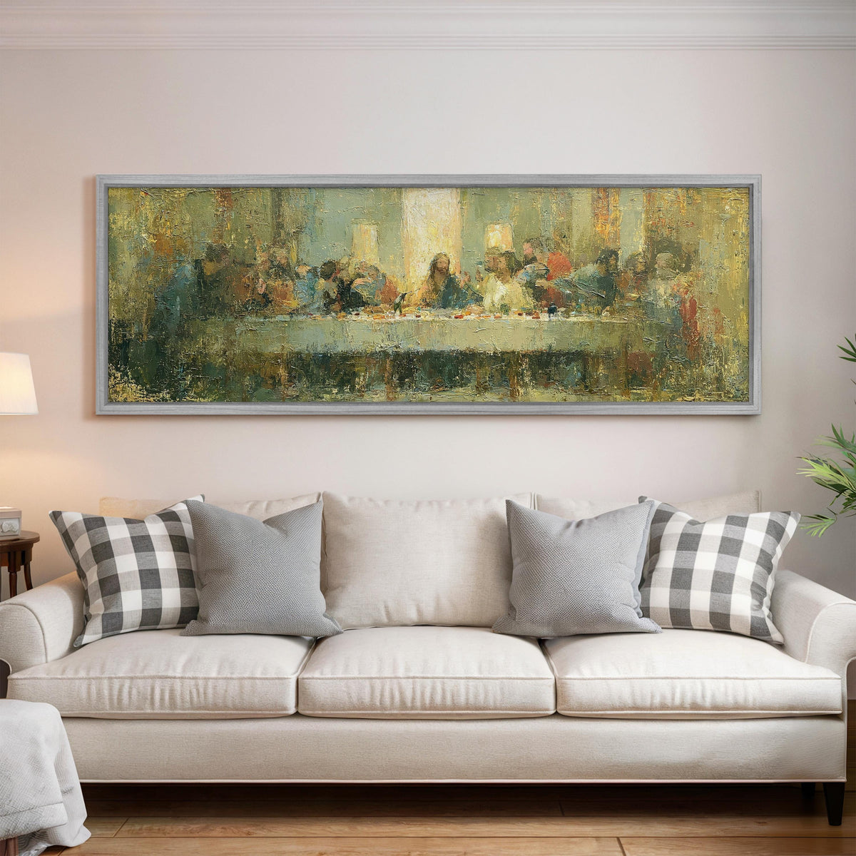 The Last Supper in golden impasto texture panoramic canvas print above a white sofa in a bright living room