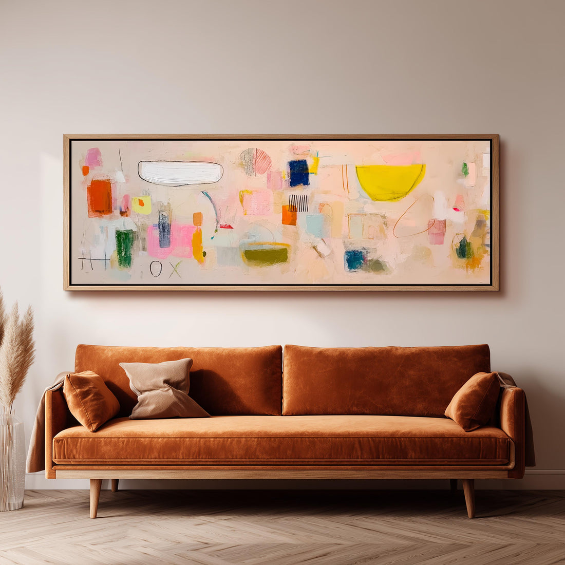 a large abstract painting hanging on a wall above a brown sofa.