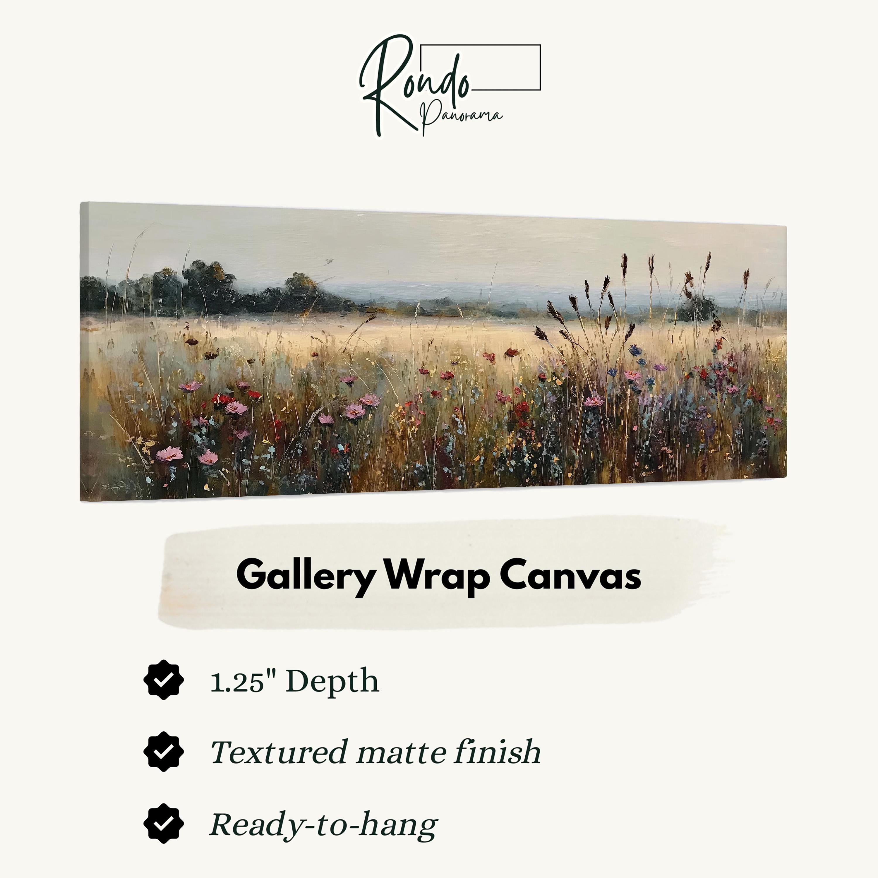 The image is a painting of a field with flowers, and it is a gallery wrap canvas.