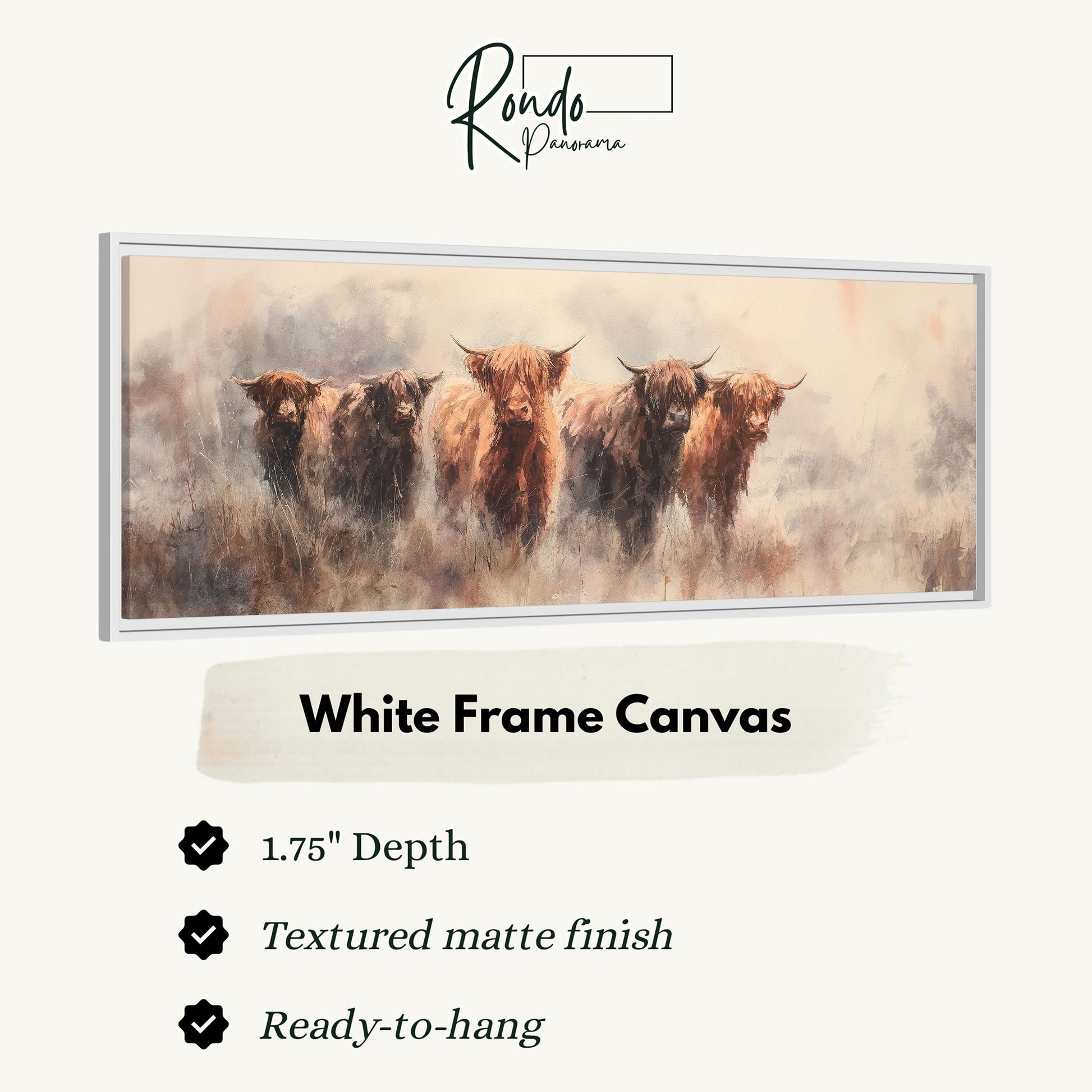 The image is a white frame canvas depicting a group of four long-haired, horned animals standing together in a field.