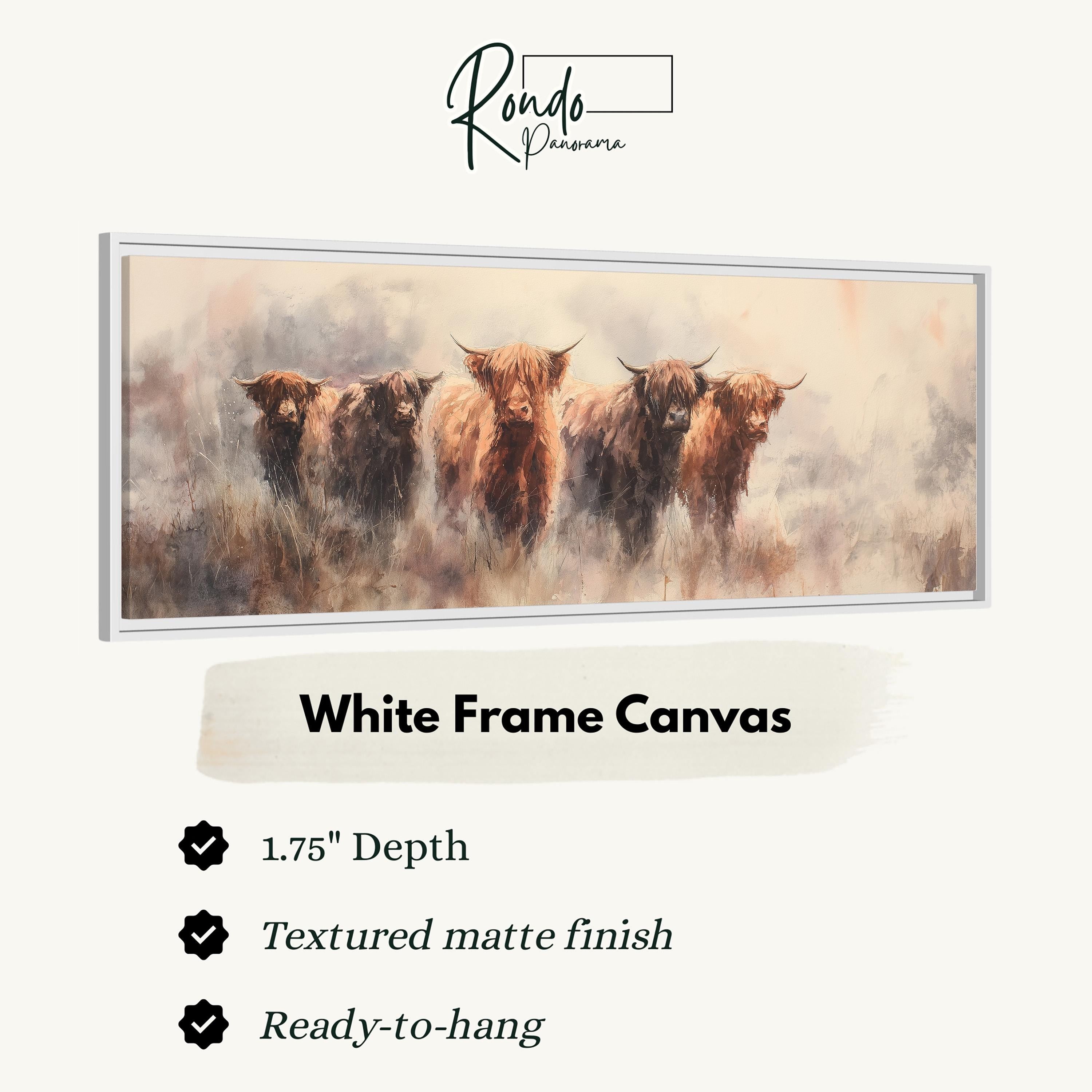 The image is a white frame canvas depicting a group of four long-haired, horned animals standing together in a field.