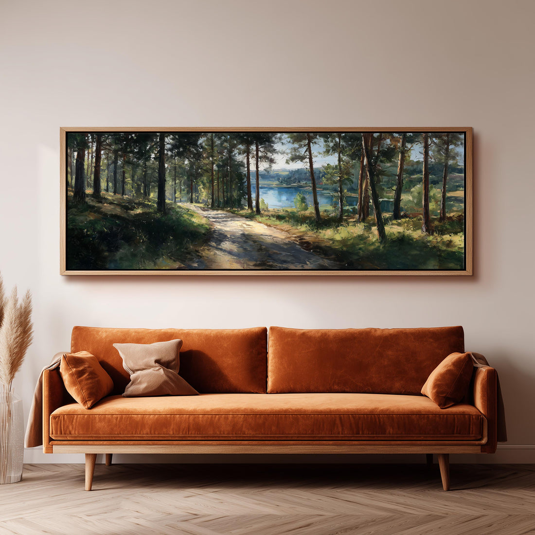 a dining room with a large painting of a forest scene hanging on the wall above a wooden table with four chairs. The table is set with a bowl of fruit and a vase of flowers, creating a cozy and inviting atmosphere.