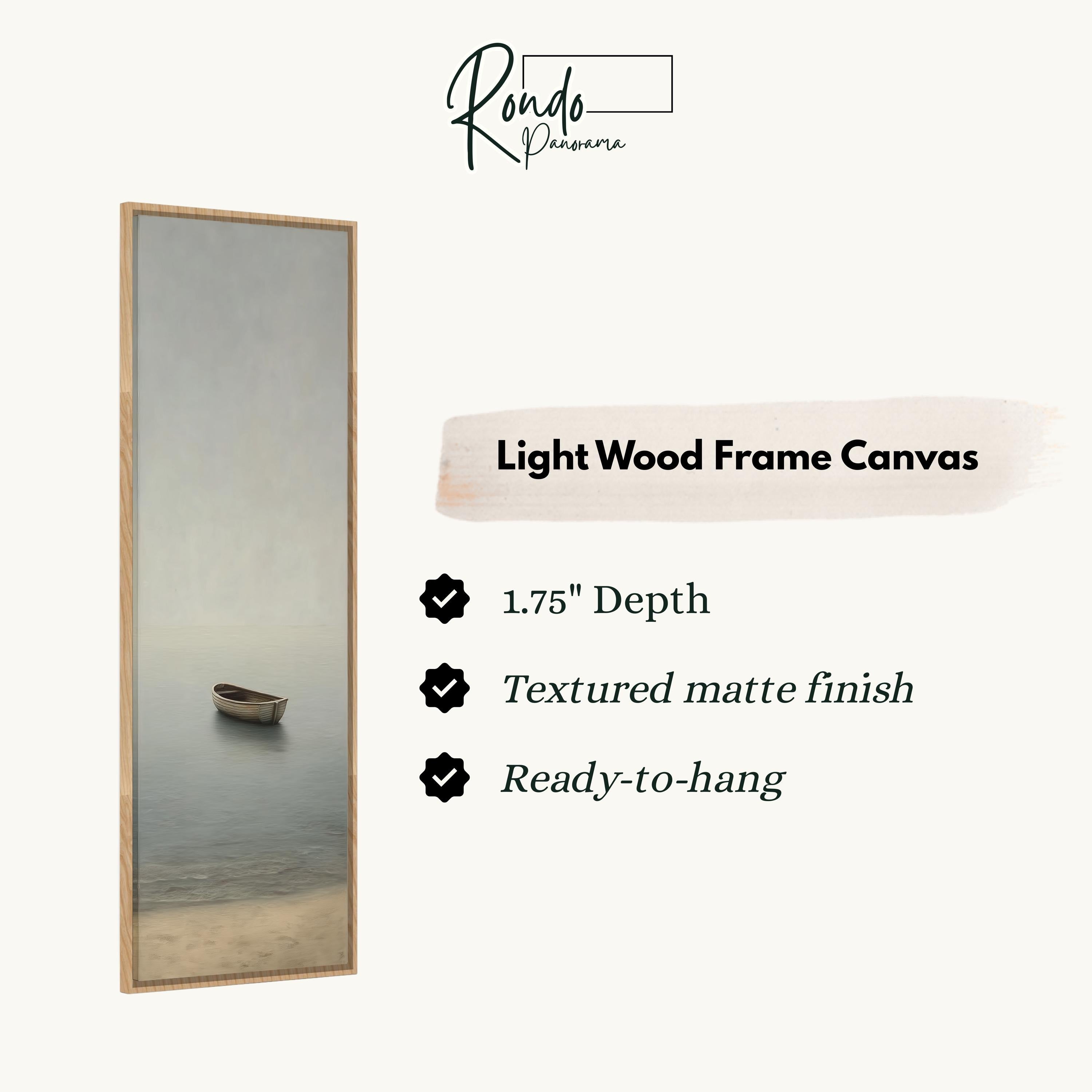 The image is a light wood frame canvas depicting a boat floating on a body of water.