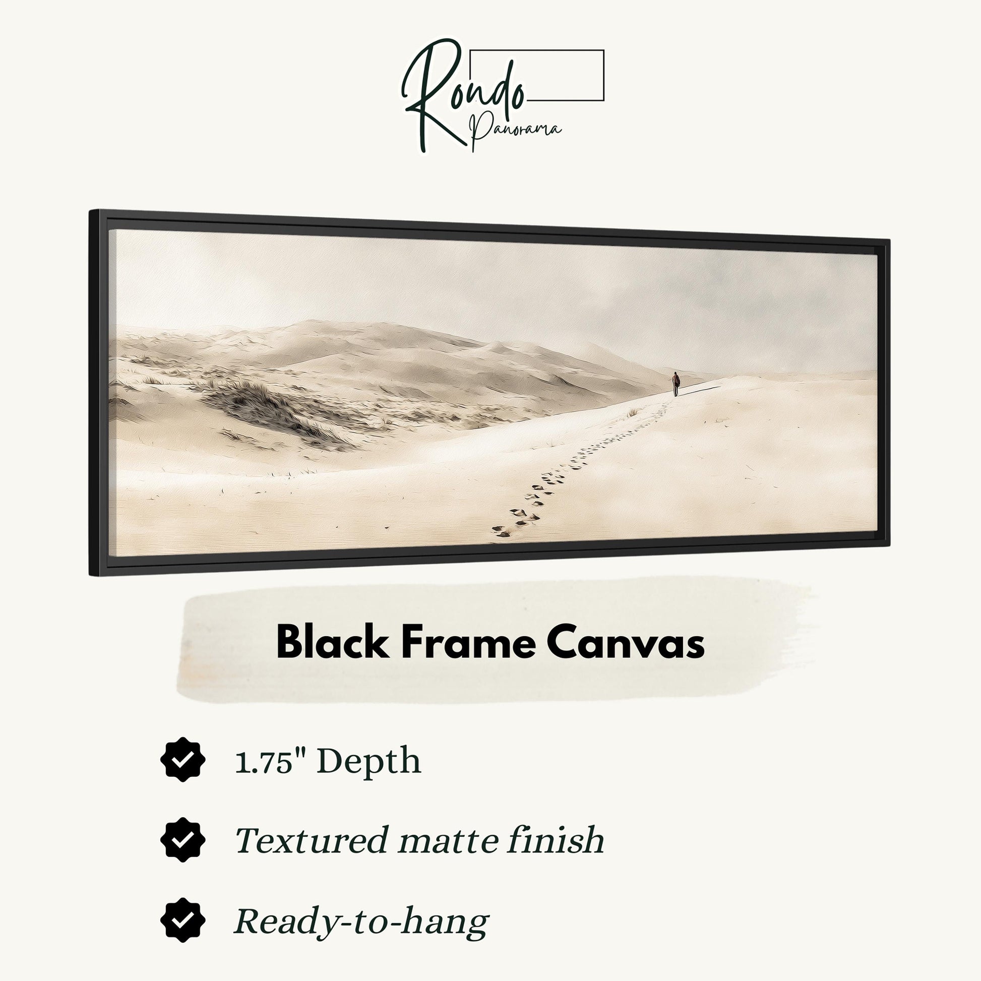 The image is a black frame canvas depicting a lone figure walking along a path in a desert landscape.