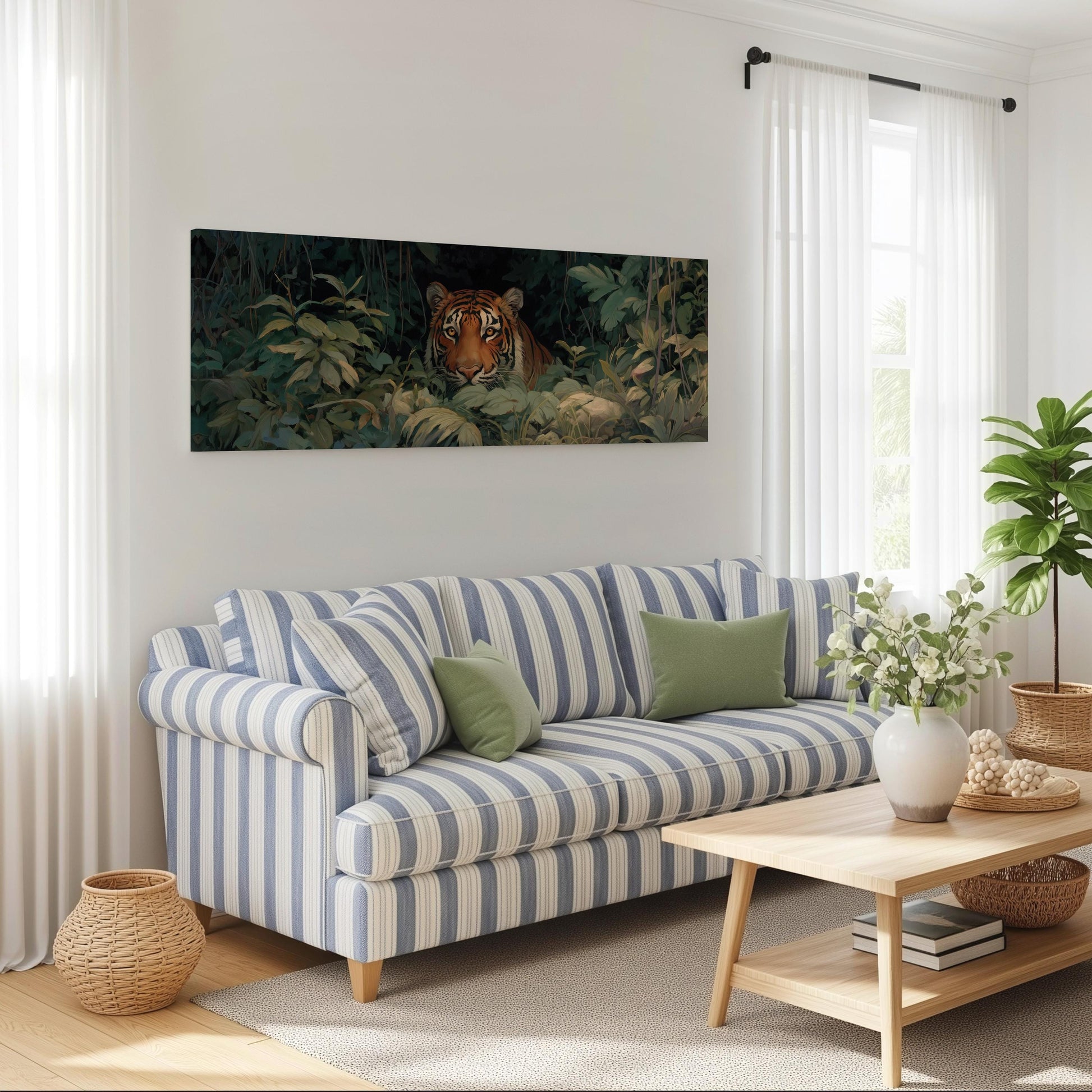 a living room with a striped blue and white sofa, a wooden coffee table, and a large painting of a tiger on the wall.