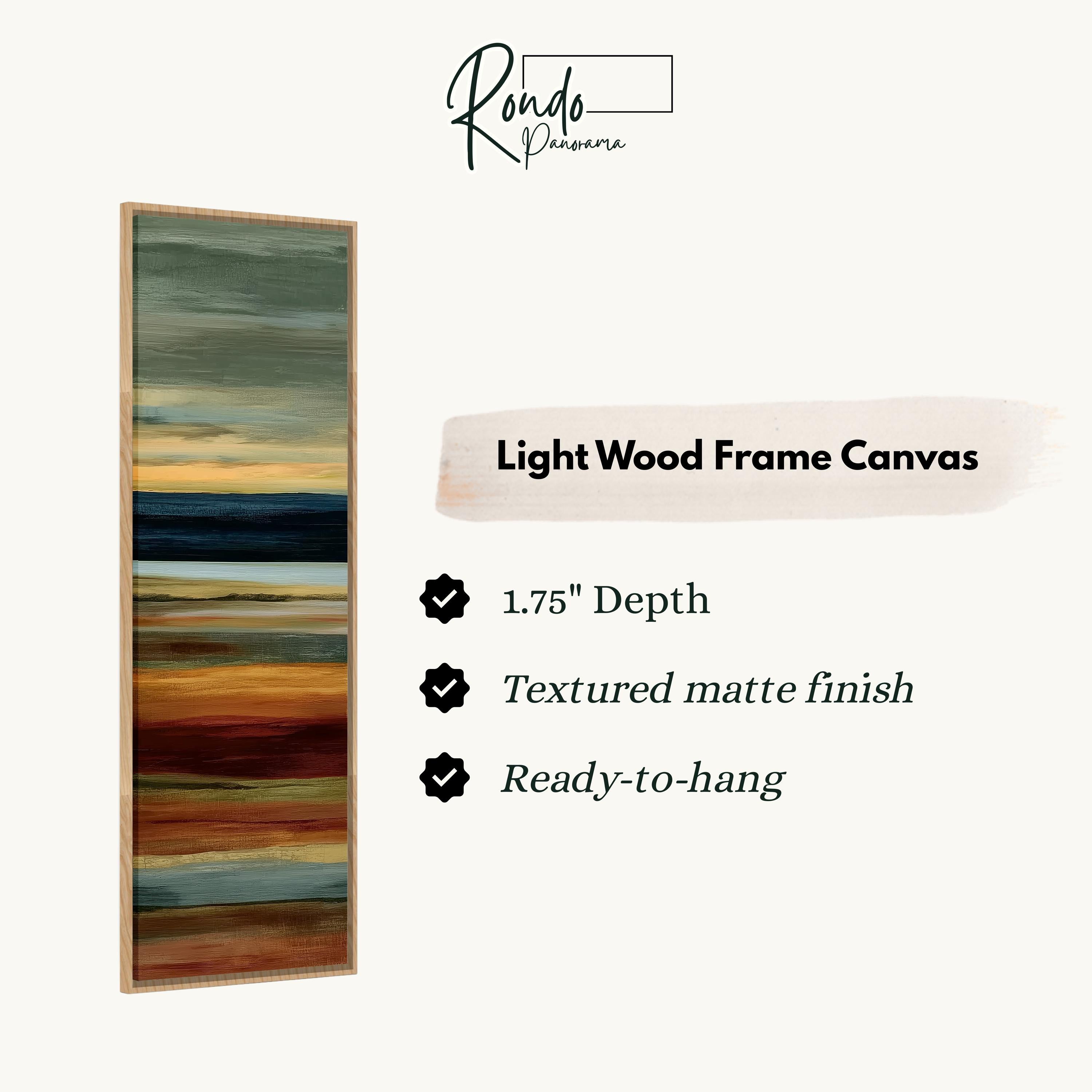 The image is a product description for a light wood frame canvas. It features a vertical painting with a gradient of colors, and provides details about the product, including its dimensions, finish, and hanging options.