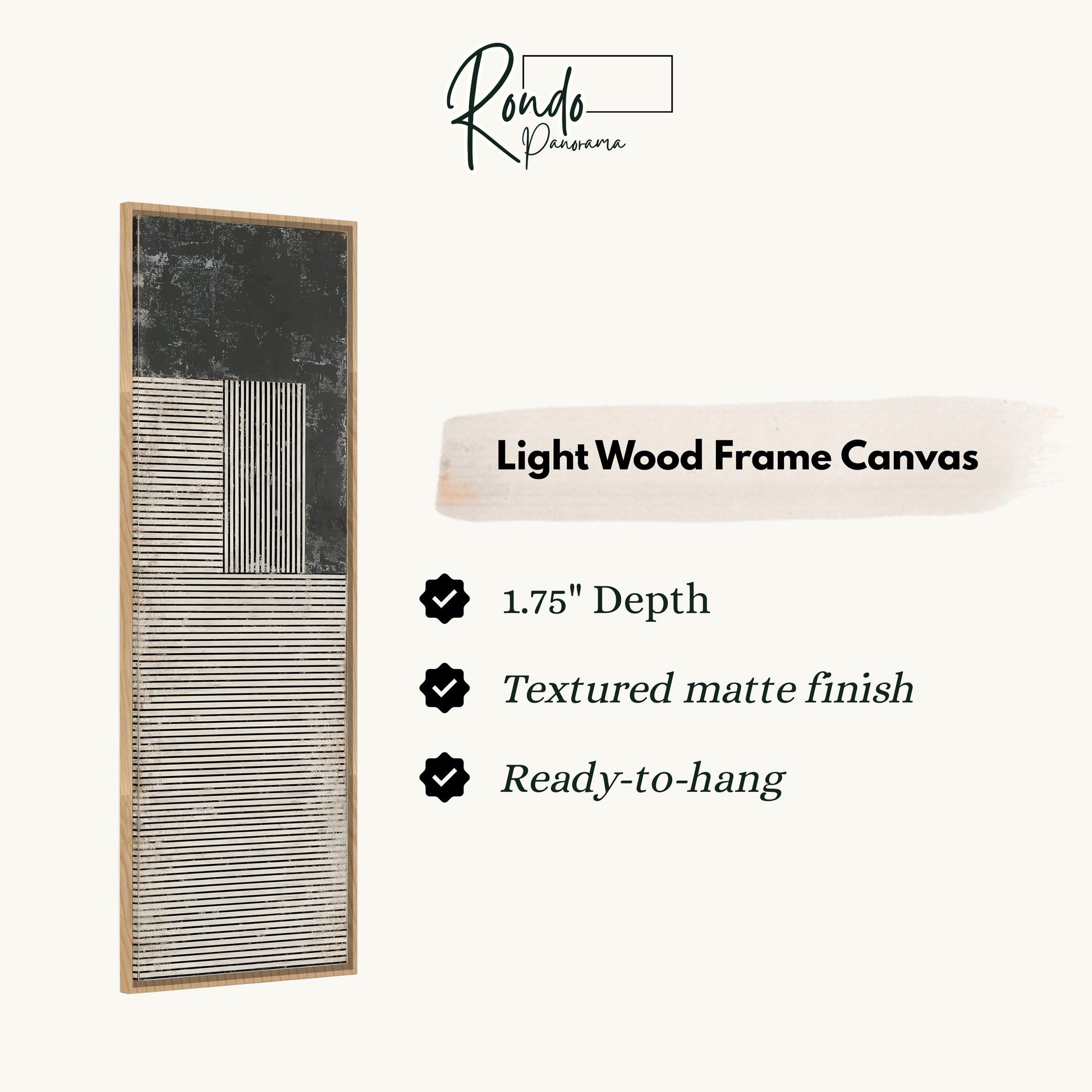 The image is a product description for a light wood frame canvas. It features a black and white abstract design and provides details about the product, including its dimensions, finish, and hanging capabilities.