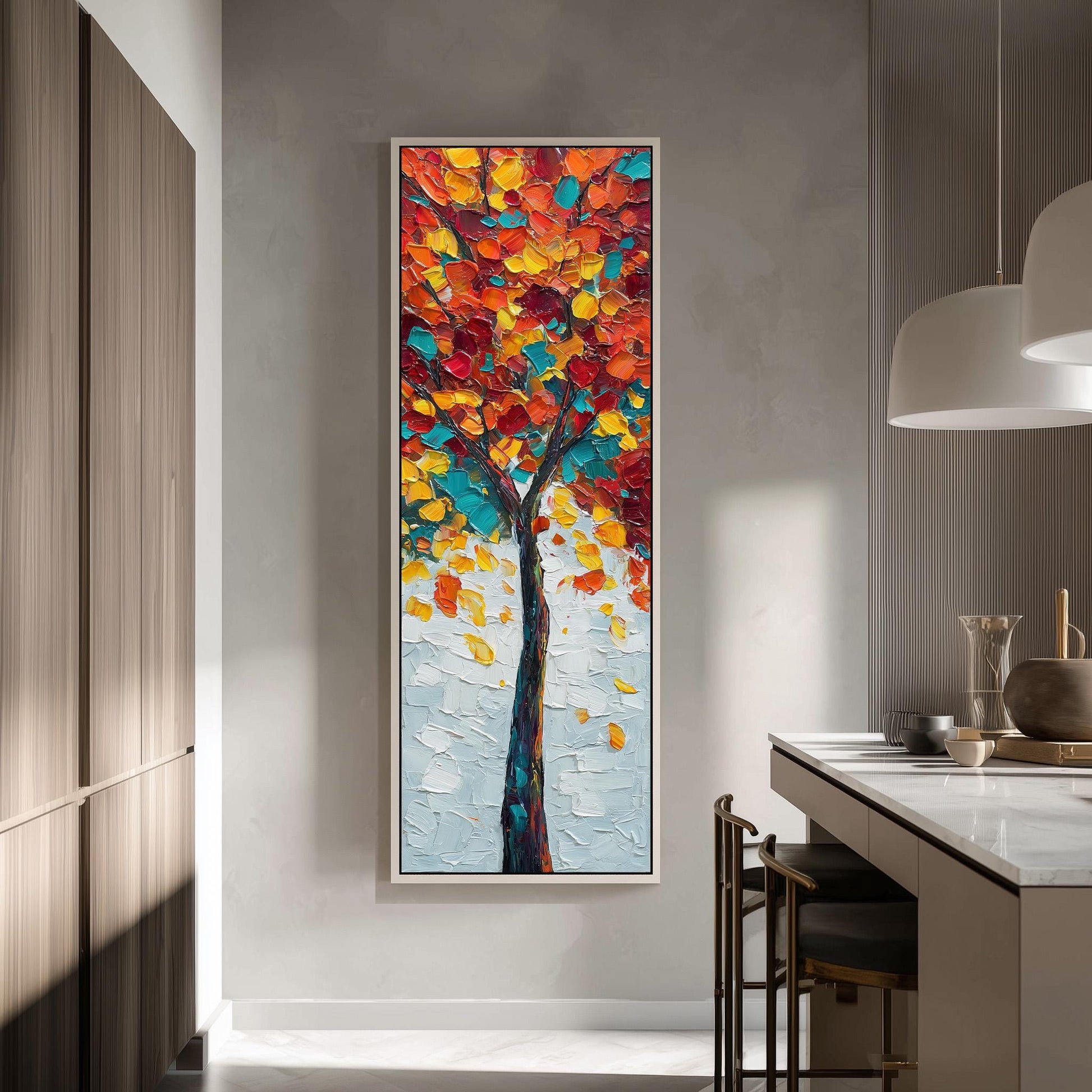 a large, colorful painting of a tree hanging on a wall in a modern kitchen.