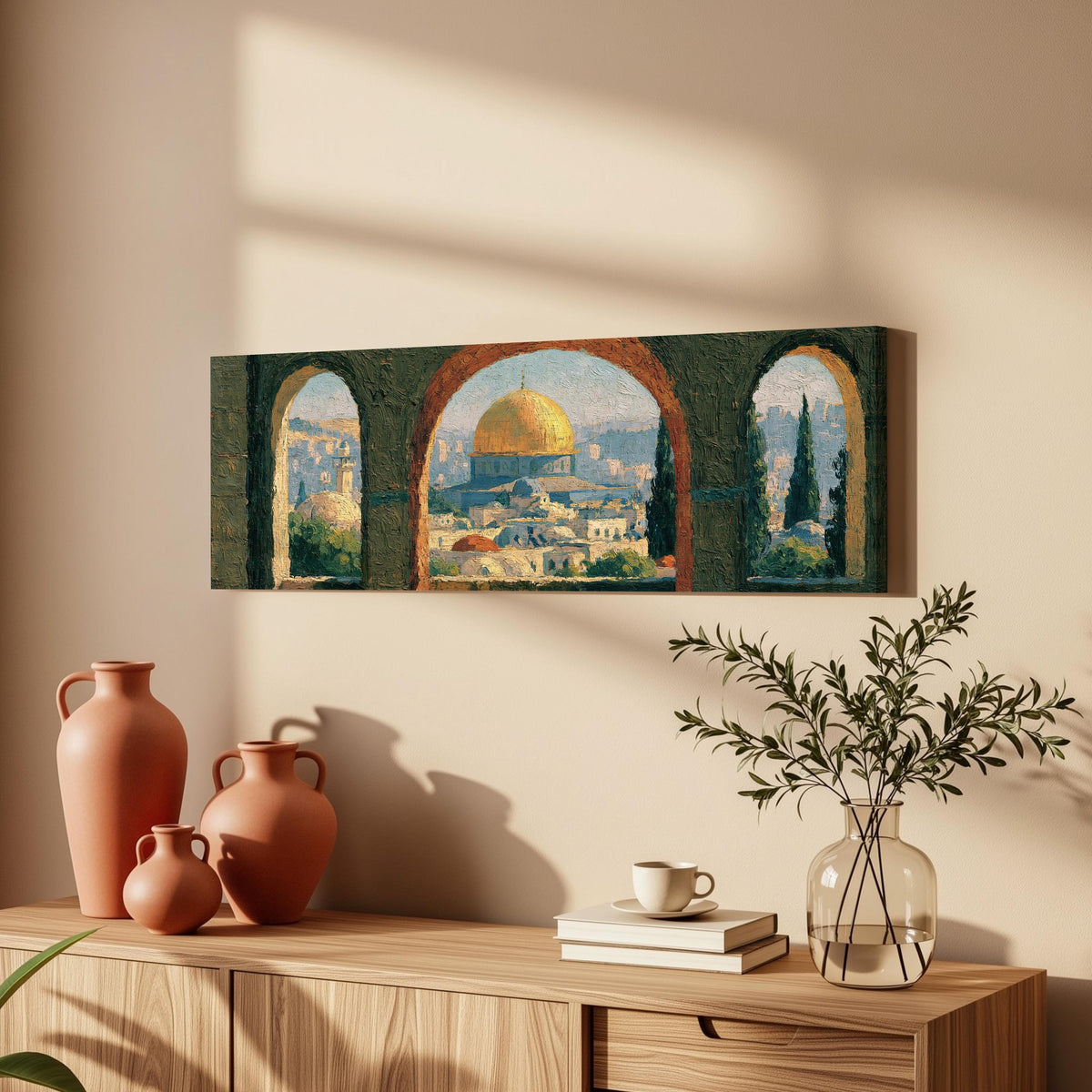 Dome of the Rock seen through stone arches long horizontal canvas print above a wooden sideboard