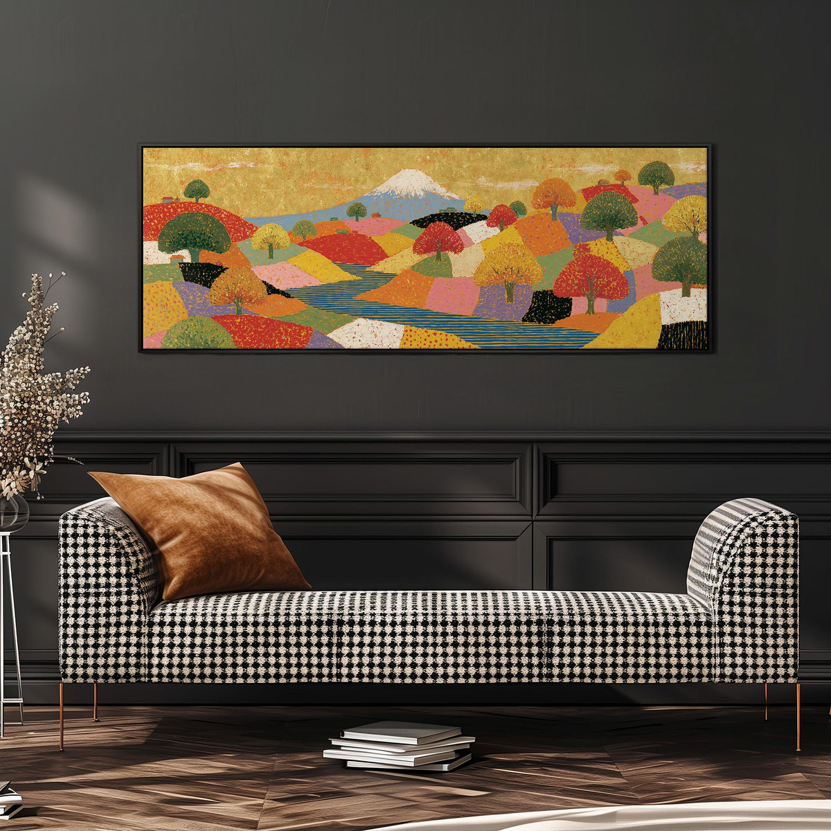 Mount Fuji over golden patchwork hills wide panoramic canvas print above a bench in a dark living room