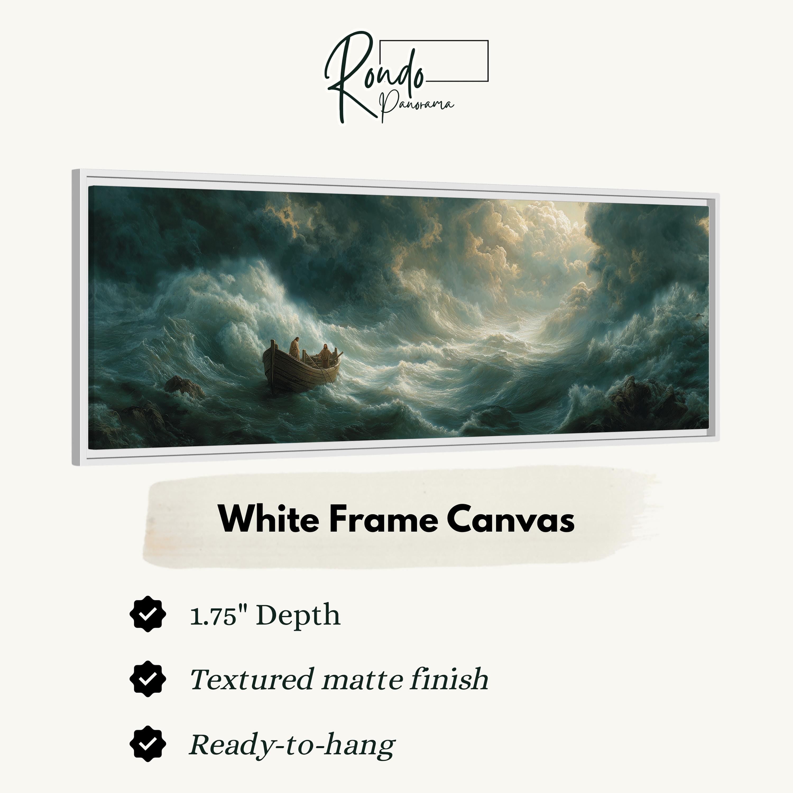 The image is a white frame canvas depicting a stormy sea with a small boat in the center.