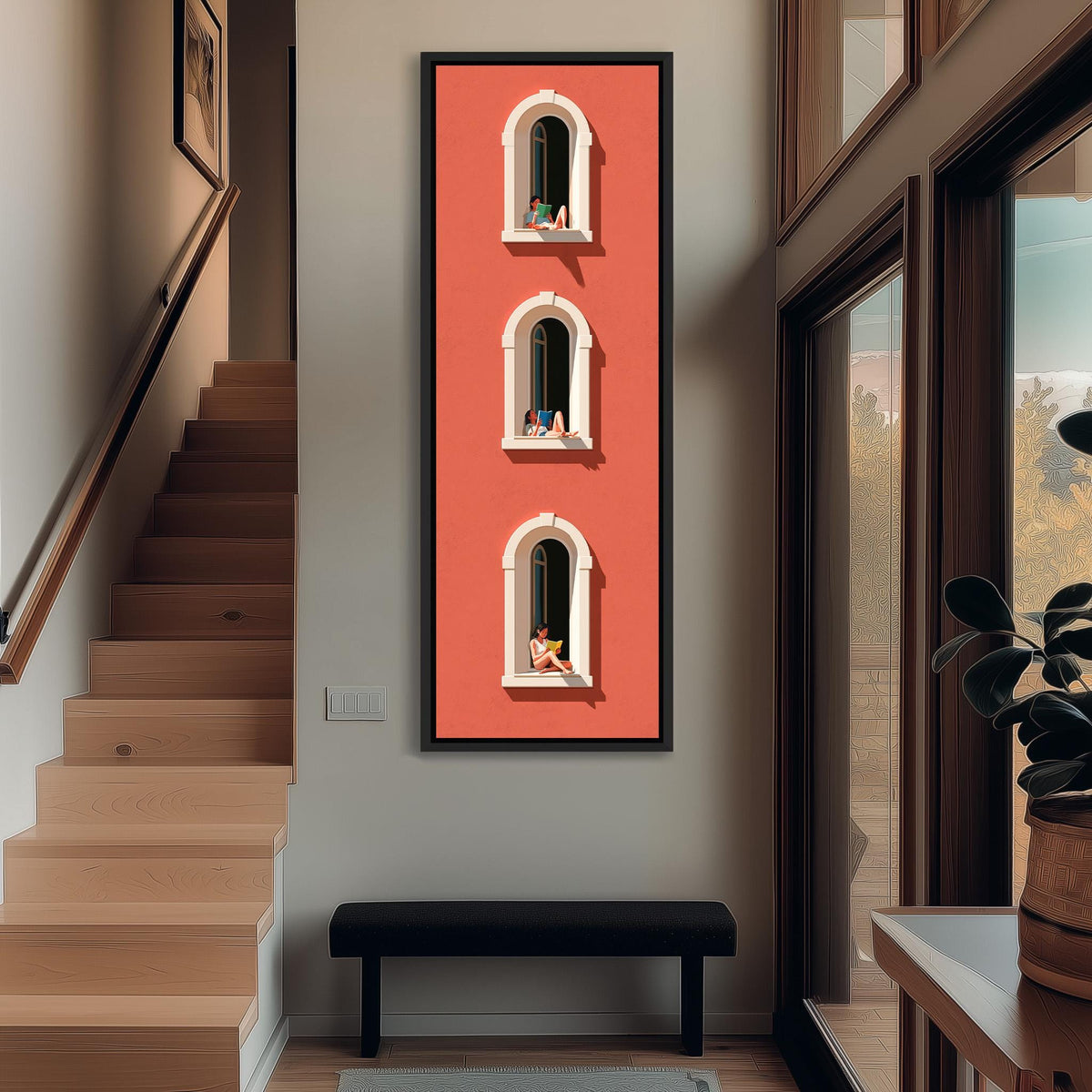 People reading in three arched windows on a coral wall tall narrow canvas print beside a staircase in an entryway
