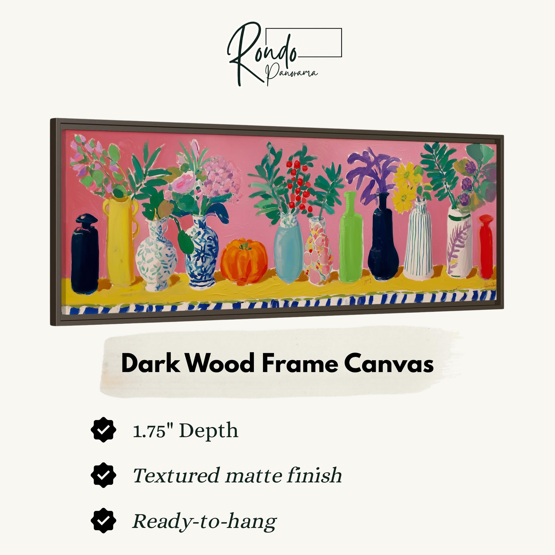 The image is a framed canvas depicting a variety of colorful vases and flowers arranged in a row.