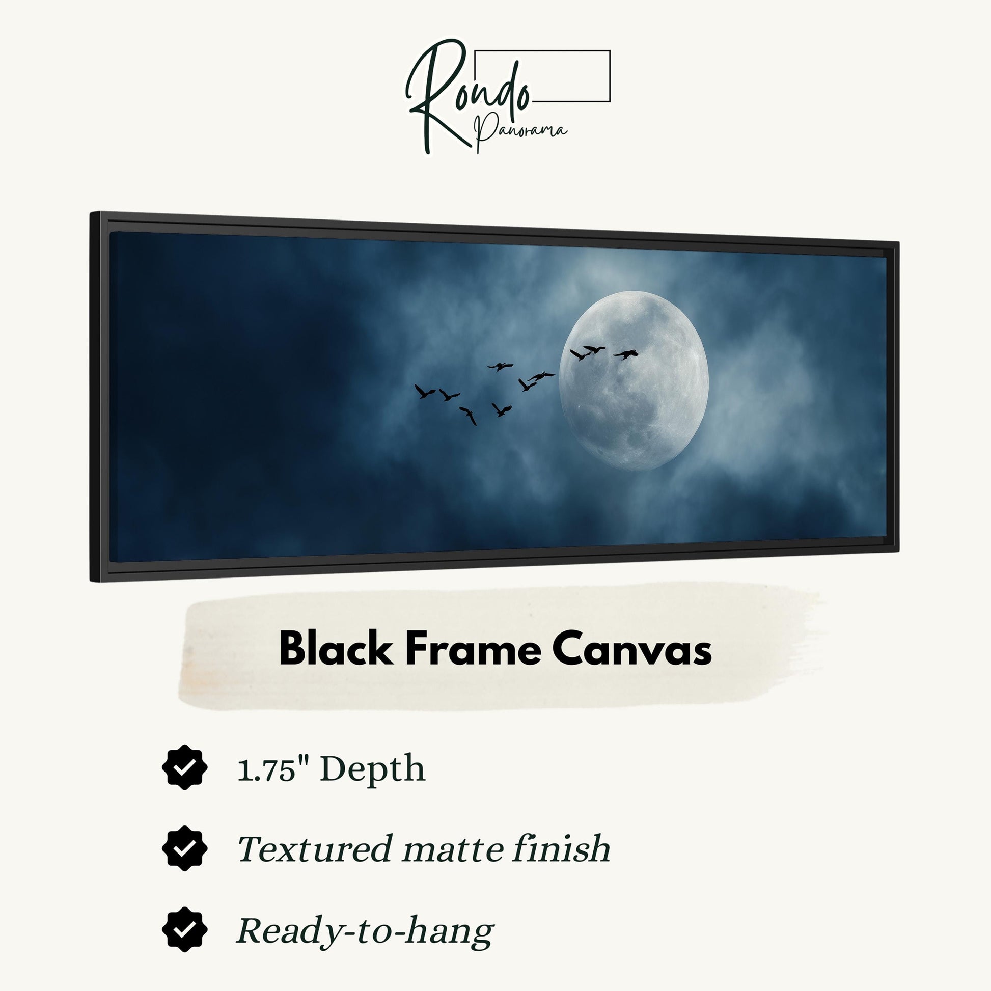 The image is a black frame canvas depicting a full moon surrounded by a flock of birds flying across the night sky.