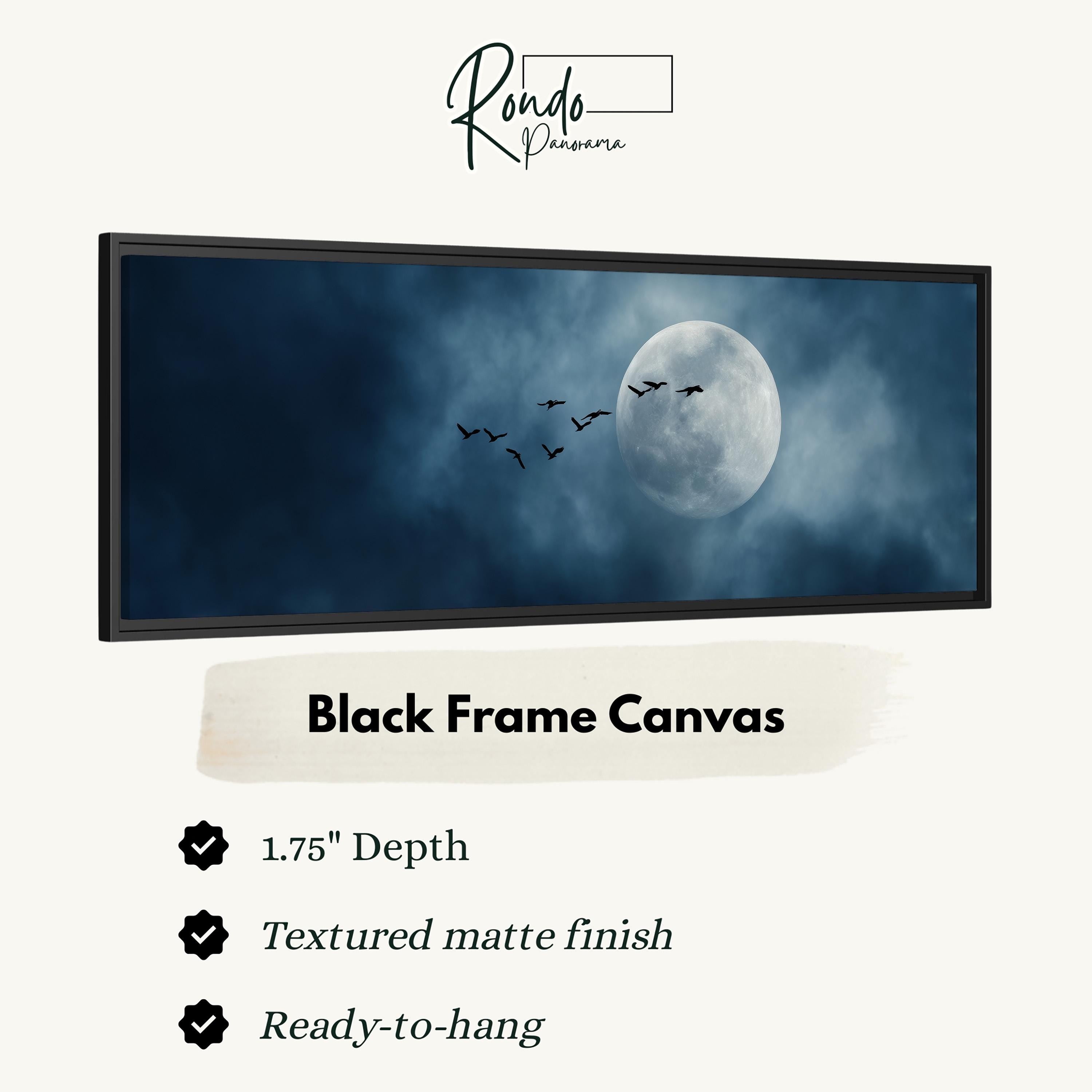 The image is a black frame canvas depicting a full moon surrounded by a flock of birds flying across the night sky.
