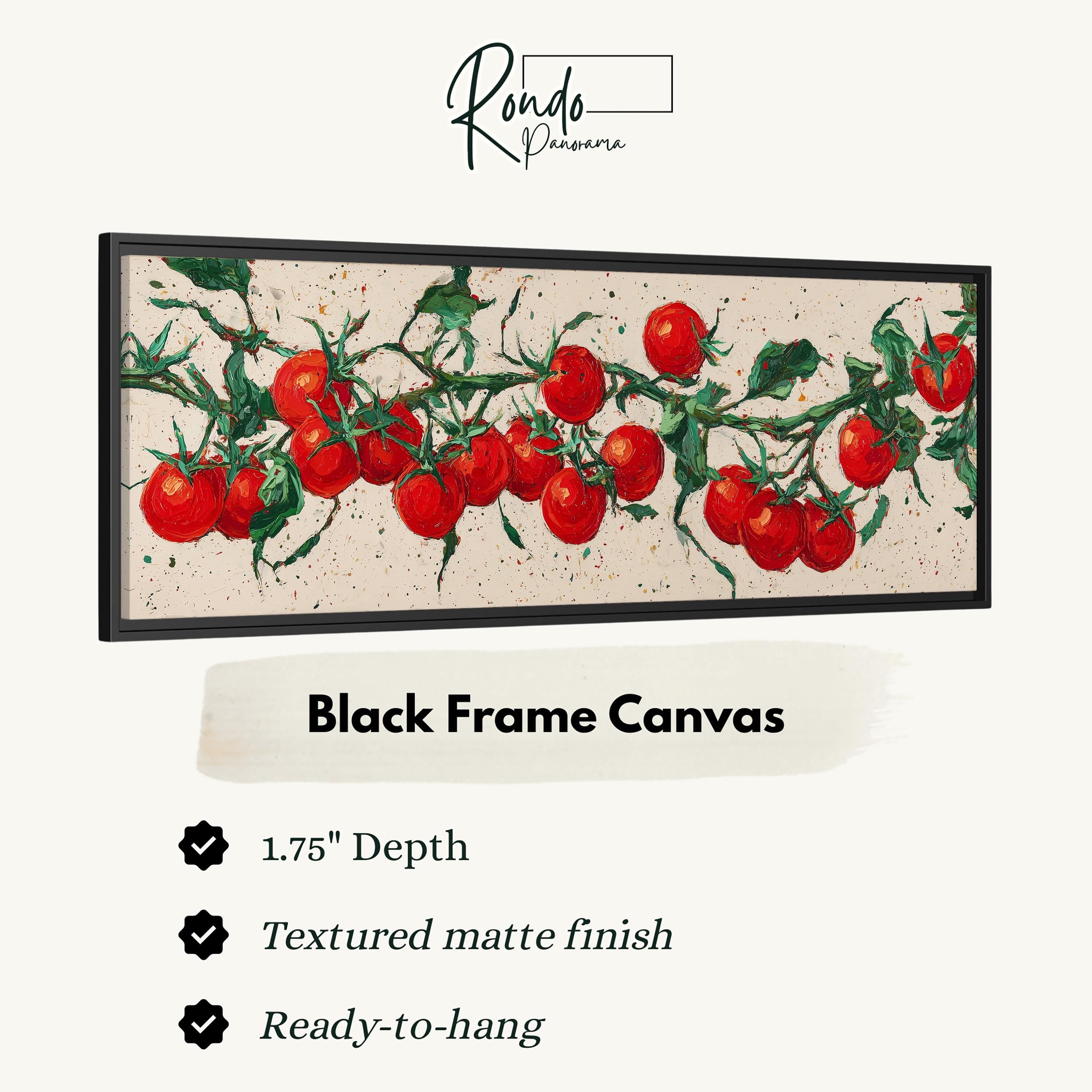 The image is a black frame canvas depicting a close-up of red tomatoes on a branch.