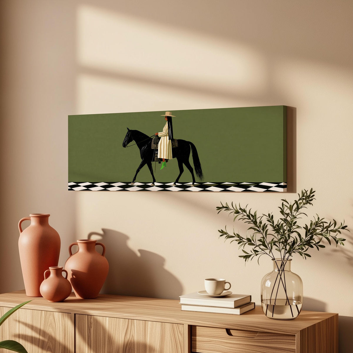 Woman riding a black horse on a checkerboard long horizontal canvas print above a wooden sideboard