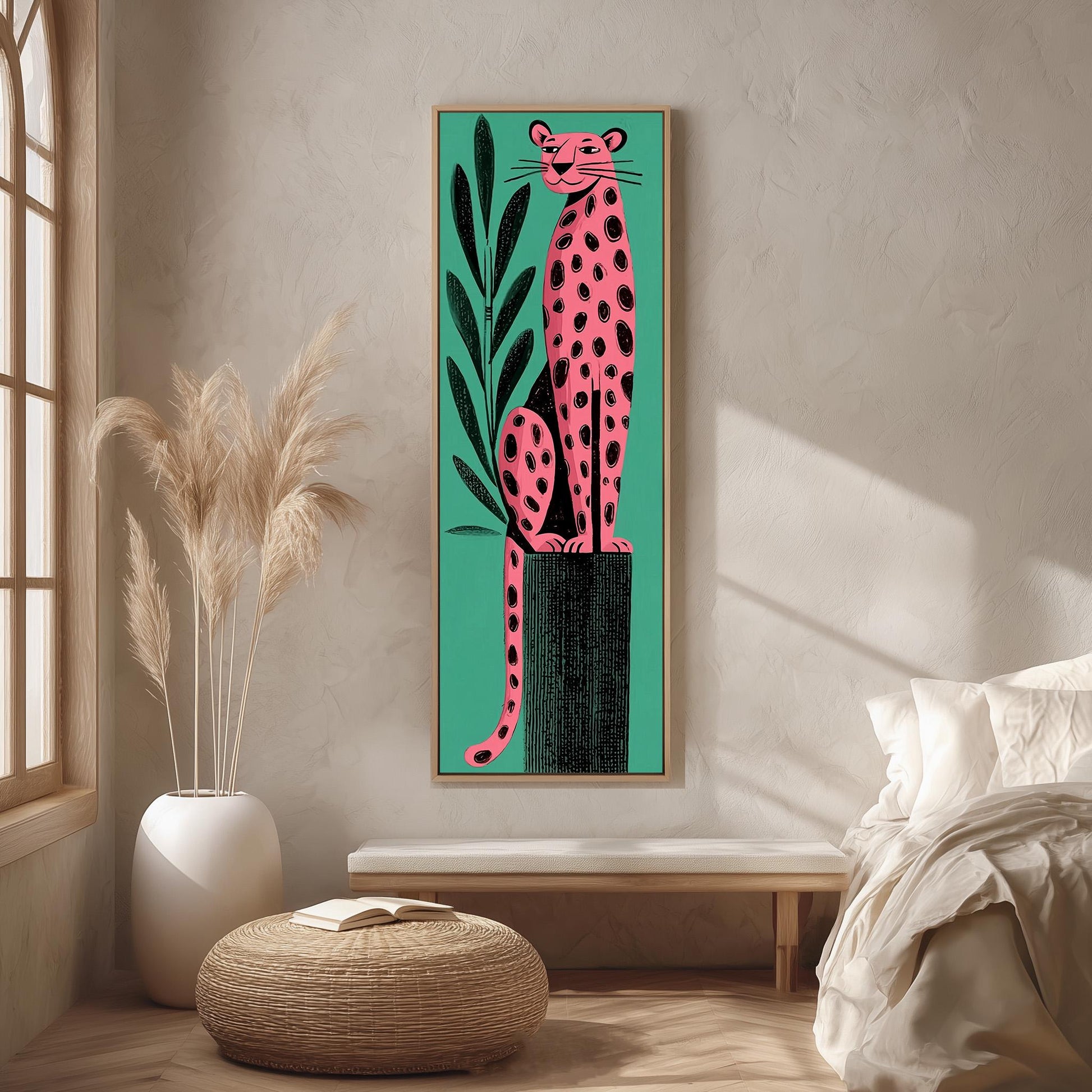 a large, colorful painting of a leopard sitting on a tree stump, which is hanging on a wall in a room with a bed, a potted plant, and a woven ottoman.
