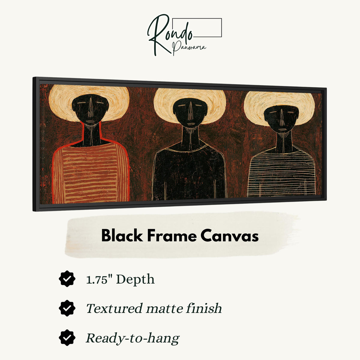 Three figures in striped shirts canvas print in a black floating frame